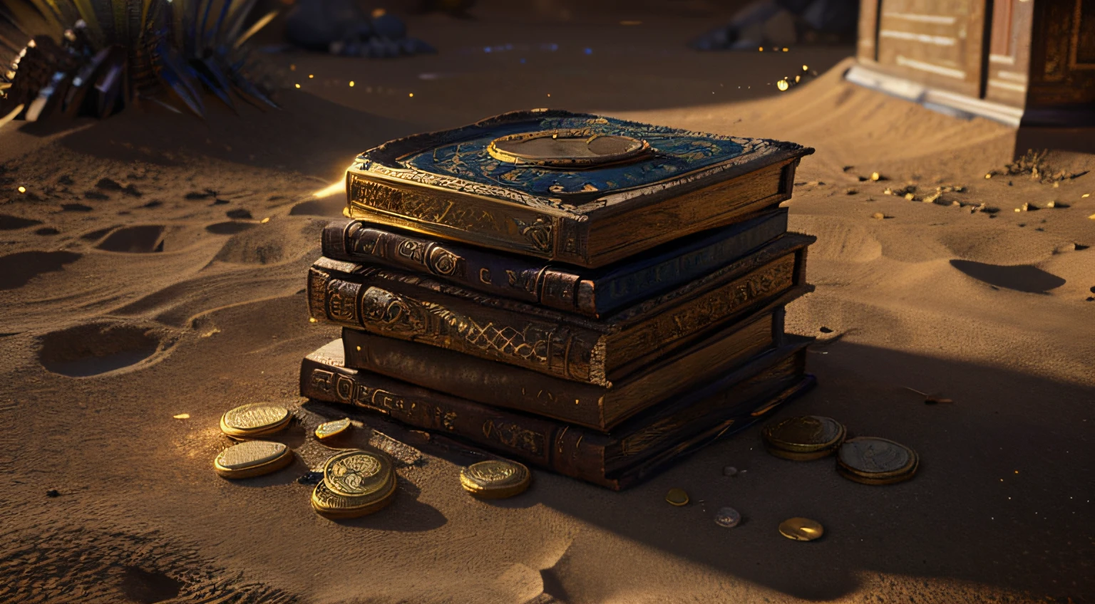 portrait art of an ancient book, buried in the desert, filled with gold coins, 8k ultra realistic, lens flare, atmosphere, glow, detailed, intricate, full color, cinematic lighting, art station trends, 4k, hyperrealistic, focused, extreme details, unreal engine 5, cinematic, masterpiece, disney style