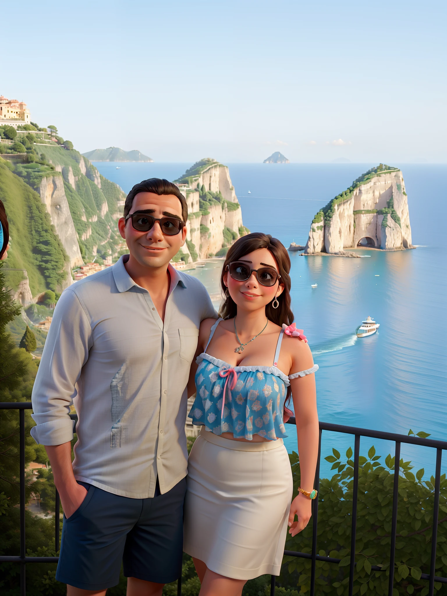 there are two people standing next to each other near the water, capri coast, vacation photo, with mountains in the background, 🤬 🤮 💕 🎀, with mountains in background, by Robbie Trevino, italy, lorenzo vitturi, happy, by Tom Wänerstrand, by Sam Dillemans, happy italian beach scene, on a cliff