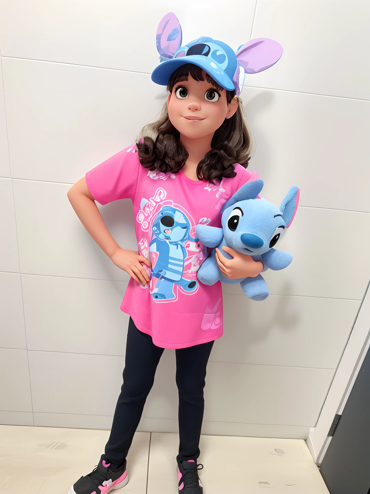 Girl in pink shirt and black pants holding a stuffed animal, Disney!!, Lilo e ponto, Disney Disney, foto colorida, Fotografia tirada em 2 0 2 0, Personagem Disney, azul e rosa, Artista Disney, estilo de personagem disney, Tomado com Sony Alpha 9, na Disney, rosa e azul, Tomada com Canon 8 0 D