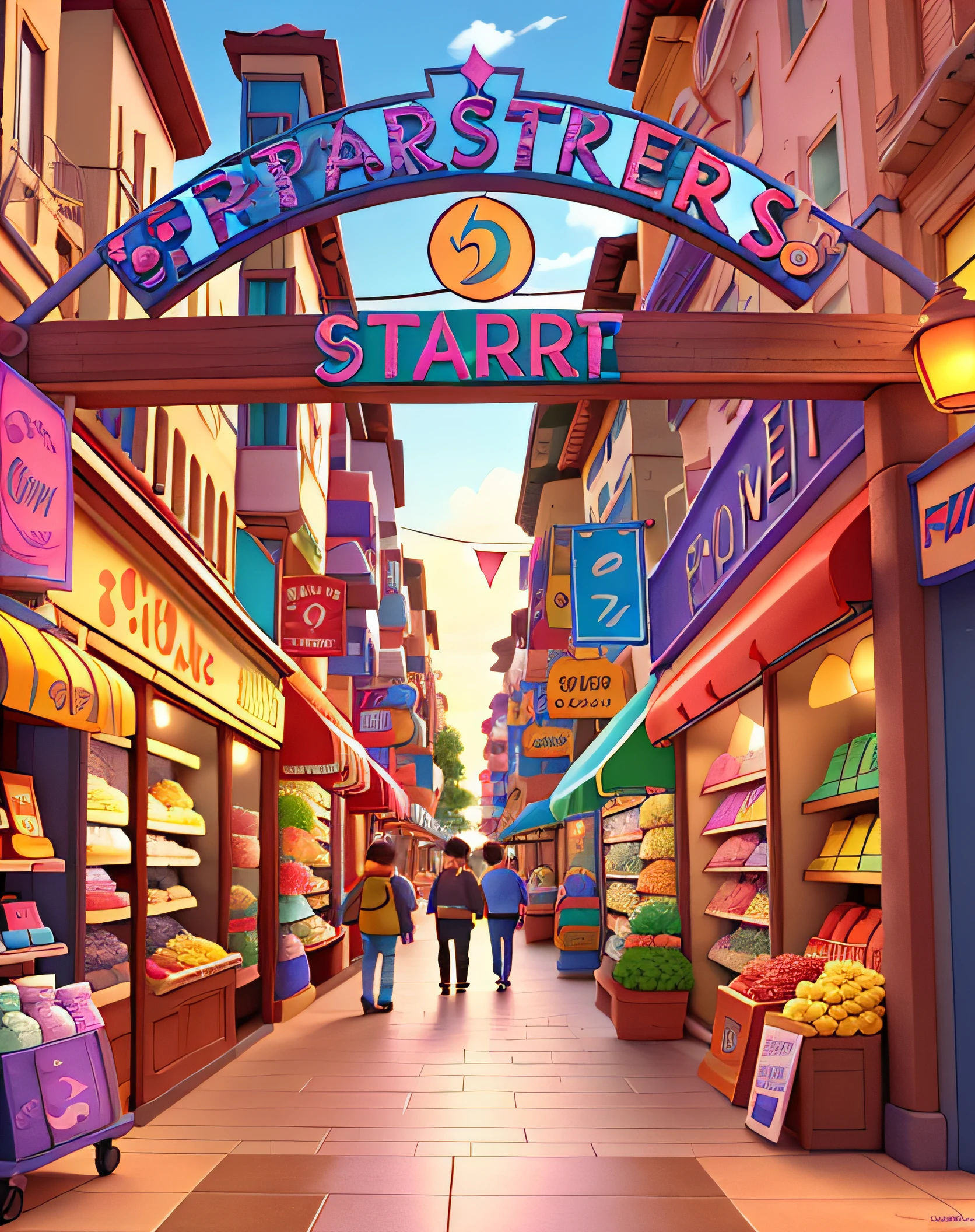Create a Pixar movie poster-style image showing a shopping street with several stores on both sides, monstranto muitos empreendedores, vendedores e feirantes na rua, todos muito felizes