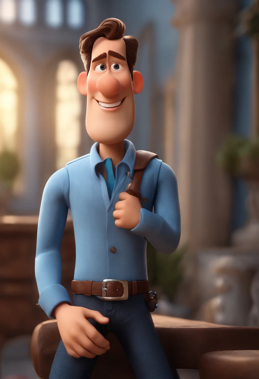 Personagem de desenho animado de um homem de 29 anos e uma camisa azul, um personagem animado, Caractere estilizado, animation style rendering, 3D estilizado, Arnold Maya render, 3 d render stylized, toon render keyshot, Personagem 3D, Personagem 3D, 3d rendering stylized, 3 d character render, personagem de desenho animado, Personagem de close up, Pose de personagem, (Estilo Pixar) (master part:1.2) (Bokeh) (best quality) (pele detalhada) (textura detalhada) (8k) (argila) (Cinematic lighting) (foco nítido，Senta e vaza a parte superior do corpo