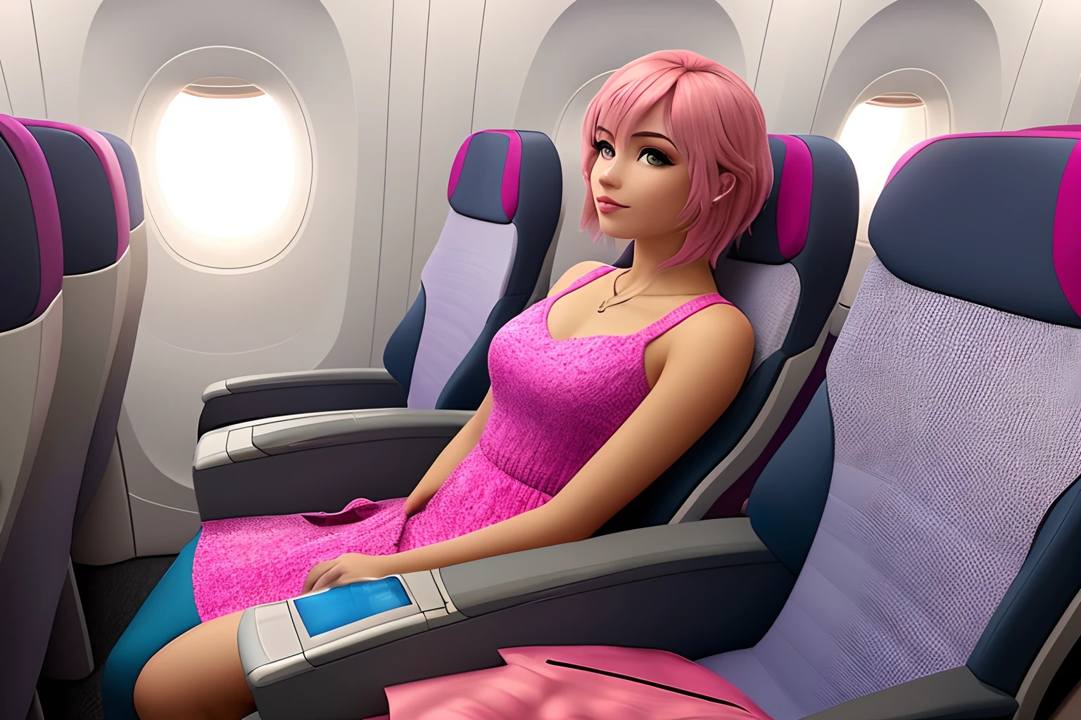 criar Disney Pixar mulher morena pele escura, olhos castanhos, medium straight pink hair, Sitting in an airplane seat inside the plane