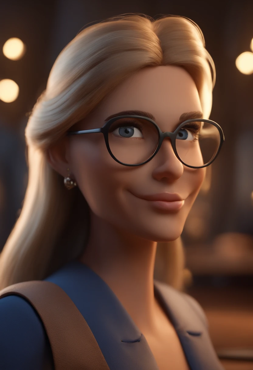Cartoon character of a woman with long blond hair wearing black glasses and a blue shirt, Segurando celular, um personagem animado, Caractere estilizado, animation style rendering, 3D estilizado, Arnold Maya render, 3 d render stylized, toon render keyshot, Personagem 3D, Personagem 3D, 3d rendering stylized, 3 d character render, personagem de desenho animado, Personagem de close up, Pose de personagem, (Estilo Pixar) (master part:1.2) (Bokeh) (best quality) (pele detalhada) (textura detalhada) (8k) (argila) (Cinematic lighting) (foco nítido，Senta e vaza a parte superior do corpo