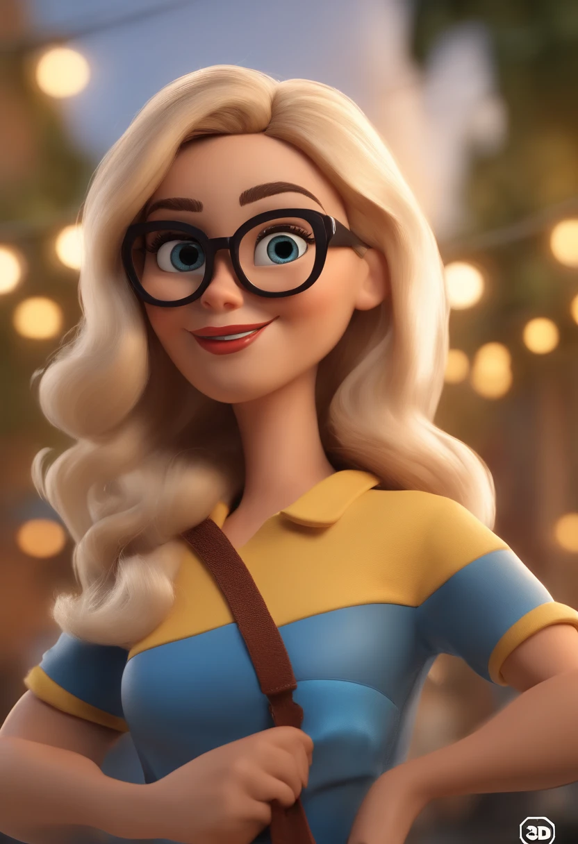Cartoon character of a woman with long blond hair wearing black glasses and a blue shirt, Segurando celular, um personagem animado, Caractere estilizado, animation style rendering, 3D estilizado, Arnold Maya render, 3 d render stylized, toon render keyshot, Personagem 3D, Personagem 3D, 3d rendering stylized, 3 d character render, personagem de desenho animado, Personagem de close up, Pose de personagem, (Estilo Pixar) (master part:1.2) (Bokeh) (best quality) (pele detalhada) (textura detalhada) (8k) (argila) (Cinematic lighting) (foco nítido,Senta e vaza a parte superior do corpo
