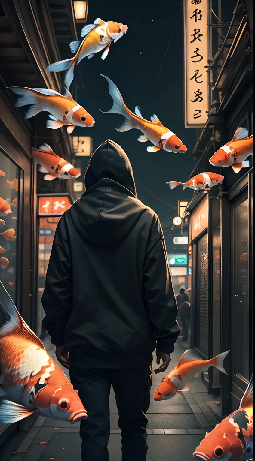 (masterpiece), best quality, a hooded man in a city at night, misteryous,tokyo at night, looking to the side, neon bilboards, tall buildinds, 1man, backview, fish, gold-fish, reef-fish, koi-fish, cinematic, surrounded by fishs, surrealism,crazy, professional image, intricate, detailed, epic,night, cinematic digital artwork, gorgeous, a lot of fishs, the image transmit a misteryous feeling, the impossible made possible, a surreal night, dream like image, perfect lighting, cinematic shadow, (perfect scenery), a intricate visual masterpiece