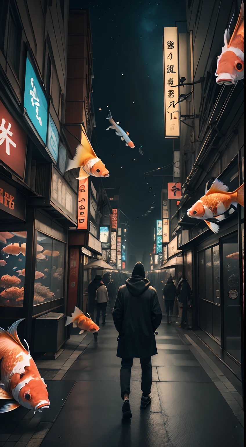 (masterpiece), best quality, a hooded man in a city at night, misteryous,tokyo at night, looking to the side, neon bilboards, tall buildinds, 1man, backview, fish, gold-fish, reef-fish, koi-fish, cinematic, surrounded by fishs, surrealism,crazy, professional image, intricate, detailed, epic,night, cinematic digital artwork, gorgeous, a lot of fishs, the image transmit a misteryous feeling, the impossible made possible, a surreal night, dream like image, perfect lighting, cinematic shadow, (perfect scenery), a intricate visual masterpiece