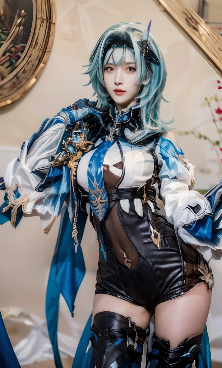 Perfect face, perfect body, perfect skin, Ganyu from genshin impact, blue hair, posing with one hand on her hip, facing the camera, naked, nude, hourglass figure, perfect tits, cameltoe, pussy