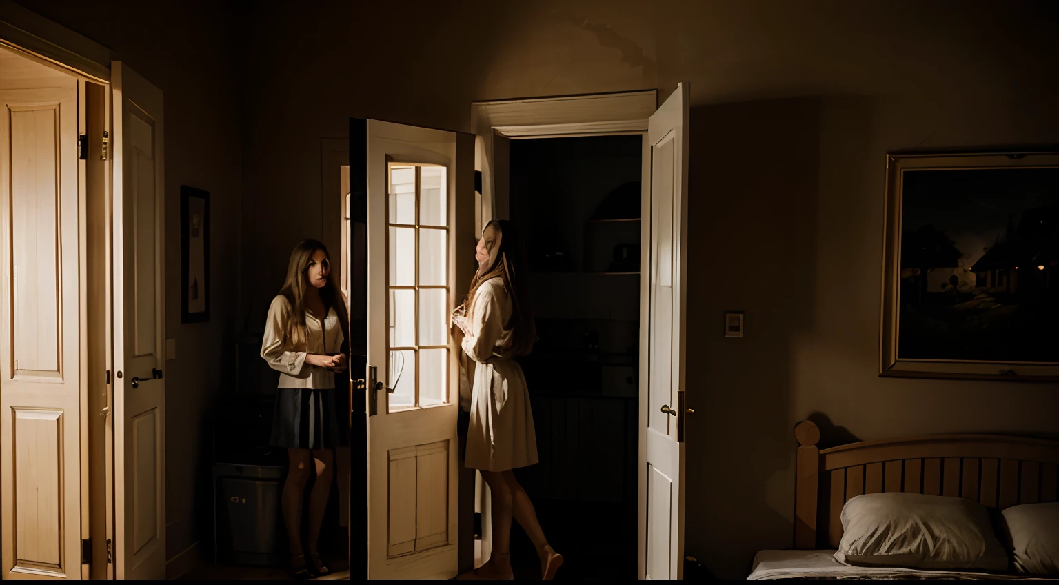 Stand-up brunette woman, Blonde long-haired woman looking outside bedroom door, Dark House, natta, a photo of, wide shot, High Quality, realistic detailed,