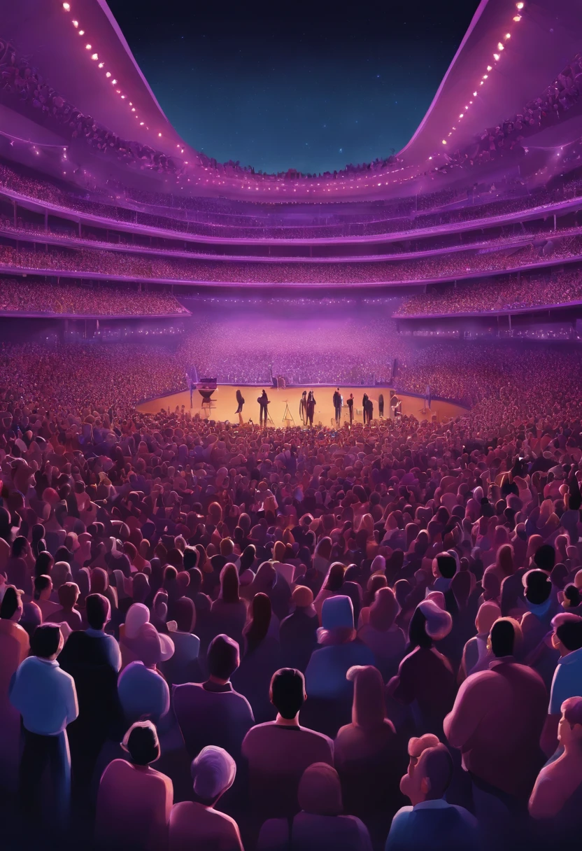 Pixar 3D-style drawing of a crowd at a concert, predominant lilac color