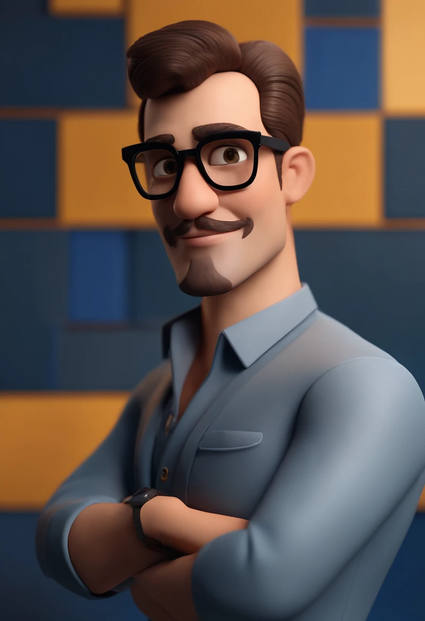 Cartoon character of a man wearing black glasses and a blue shirt, um personagem animado, Caractere estilizado, animation style rendering, 3D estilizado, Arnold Maya render, 3 d render stylized, toon render keyshot, Personagem 3D, Personagem 3D, 3d rendering stylized, 3 d character render, personagem de desenho animado, Personagem de close up, Pose de personagem,  (Estilo Pixar) (master part:1.2) (Bokeh) (best quality) (pele detalhada) (textura detalhada) (8k) (argila) (Cinematic lighting) (foco nítido