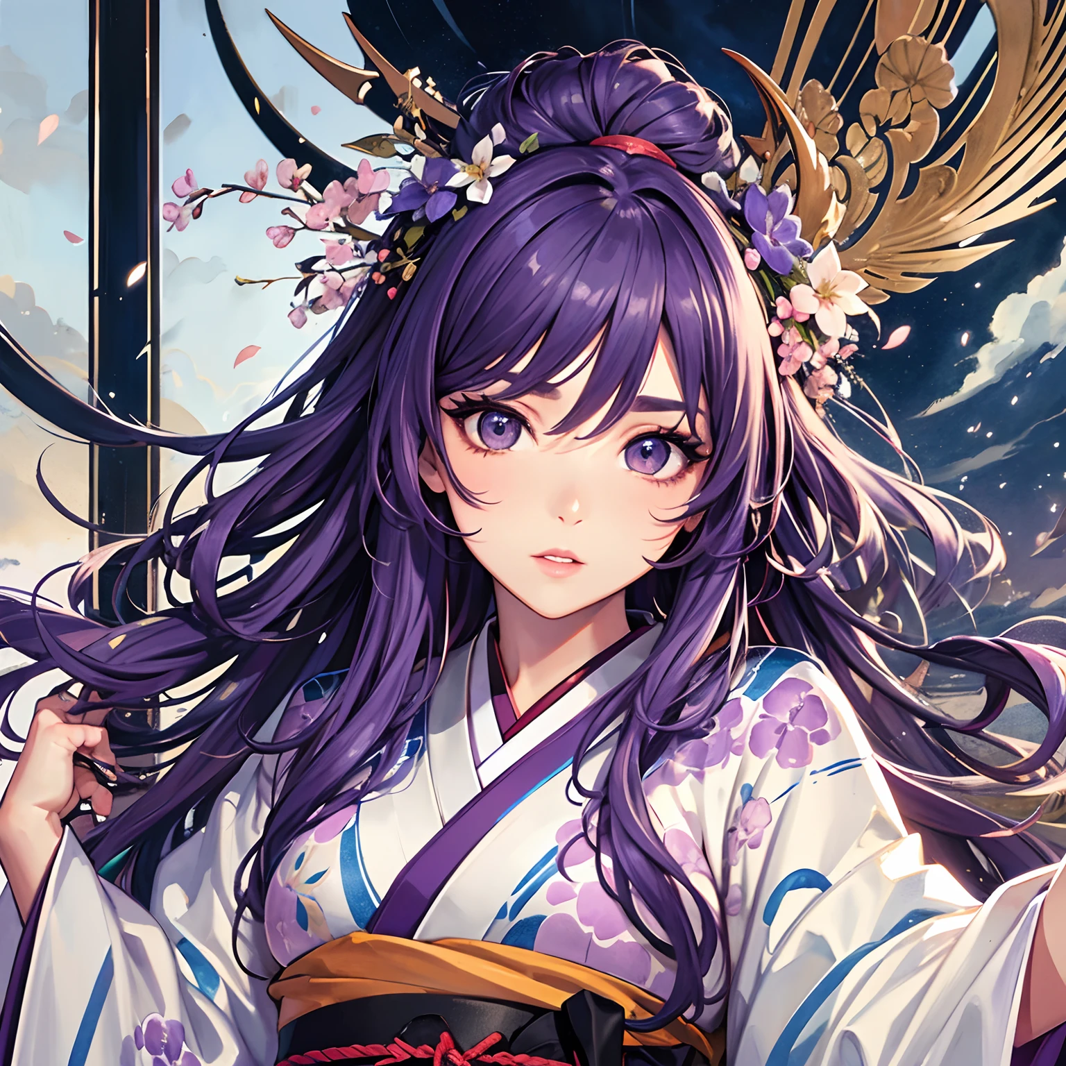 masterpiece、top-quality、High-quality images、hight resolution、8K、1lady、detaileds、Detailed eye depiction、Photorealsitic、skin gloss、Lustrous hair、Muted shades、portlate、watercolor paiting、Ink painting touch、long purple hair、Windy and disheveled hair、Sakura blizzard、Thin and thick eyebrows、Narrow-eyed、rather thick lips、Beautiful well-groomed face、Japan kimono in calm colors、