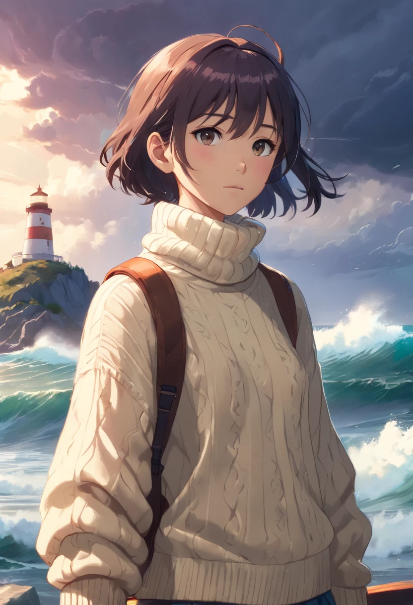 face portrait of an rugged (old fisherman:1.3), (face focus:1.5), (storm:1.2), (waves:1.3), ocean, (lighthouse background:1.3), (cowboy shot:1.4), (white turtleneck knitted sweater:1.3), looking at viewer, realistic, masterpiece, highest quality, backlighting, (lens flare:1.1), (bloom:1.1), (chromatic aberration:1.1), by Jeremy Lipking, by Antonio J. Manzanedo, digital painting