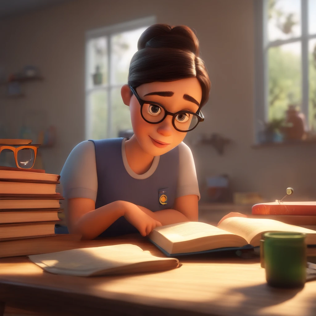 fundo branco, pixar desenhos animados 3D, Teacher reading a chemistry textbook, ::estilo pixar cartoon