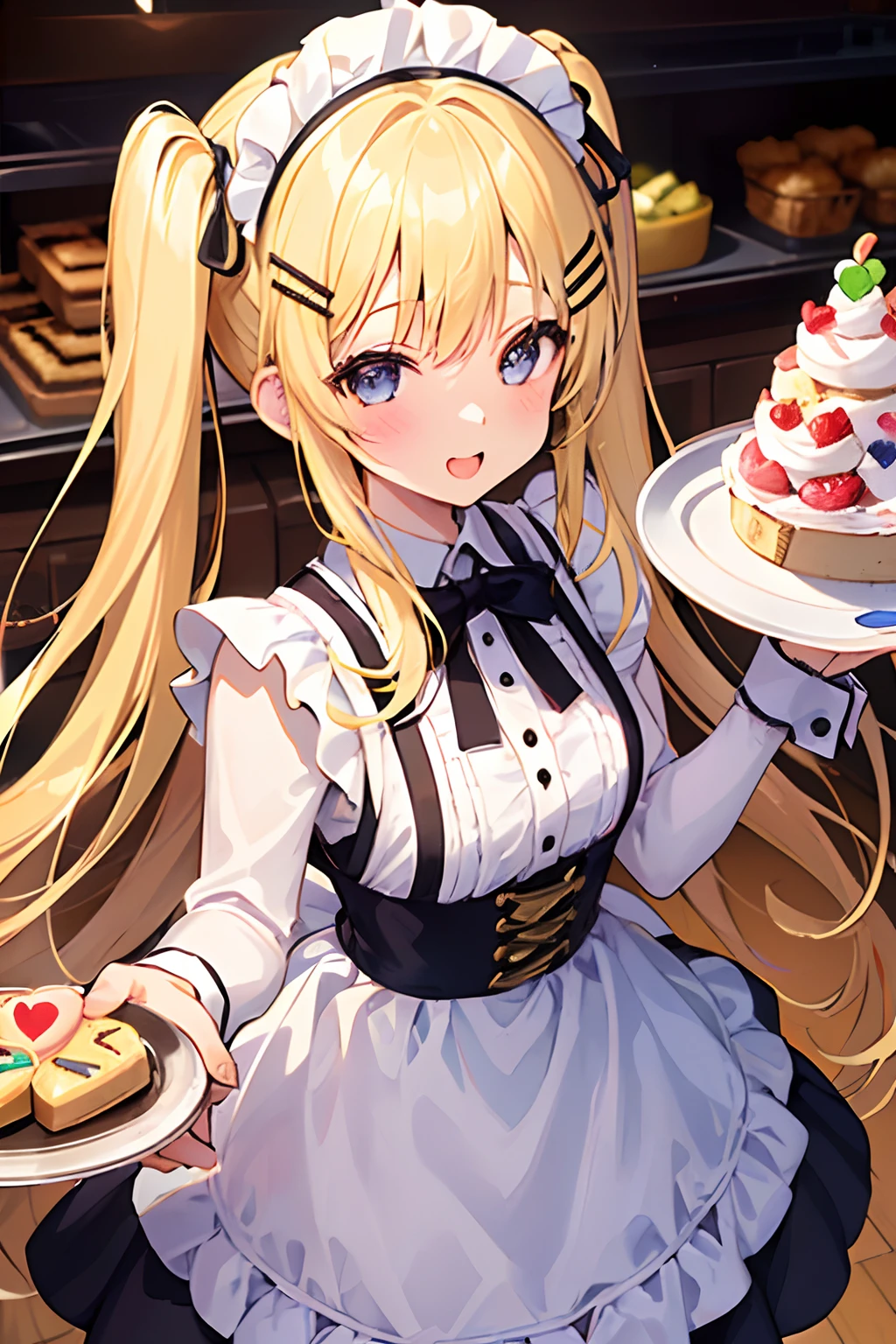 1girl, young girl, yellow hair, gold hair, twintail, half up, two side up, long hair, bangs, hair ribbons, (a hair pin), in the maid cafe, wearing a white apron dress, happy, cute, many hearts, (holding a tray), desserts, many foods, many desserts, highlight, like idol