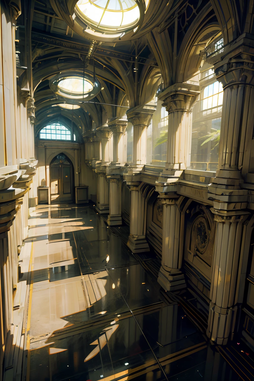 (Greenhouse),(Urbanized interior),(High, gigantic ceiling, high greenhouse),(Cybernetic data center),(Data control center, long corridor, polished stone floor, very high glass ceiling, lets in daylight), (Along arched walls - semicircular niches, cybernetic gothic), (server equipment in the side niches, cabinets with electronics, wires curling to the floor), (along the corridor there is exotic - alien vegetation (fern type - tropical species), vegetation is located along the walls, in massive cubic pots, Art Nouveau style). High under the ceiling are computer spheres, an artificial organism connected by many wires to server cabinets in the walls. The building is filled with a large number of plants, the greenhouse-data center is in the style of cyberpunk, ancient Gothic, and looks very modern. White and black plastic, aluminum, polished artificial stone, 3D architectural printing. The walls are decorated with complex geometric patterns. White and black with gold predominate in the main color range. The general stage is in twilight. The central part of the corridor is well-lit from above by a greenhouse glass ceiling. The shiny surface of the floor reflects surrounding objects. Lots of light bulbs - electronics. (Cyberpunk, futurism), (Ghost in the Shell style, Japanese anime.
Interior lighting, neutral-white light - warm shadows, matrix geometry, and secret symbolism decorate the floor. The high Gothic forms of the walls - the atmosphere of the future, an alien highly developed civilization, in the side naves there are electronic holograms. Warm bright - contrasting light, light clear shadows, clear image of details, texture, decor (high image quality), (Clear high-quality render), (unreal engine), SD quality, 8K. Stylization Animation, RiotGames, Lucas Arts, Japanese cyberpunk anime, Blade Runner. Sh.R. Giger "Alien".
