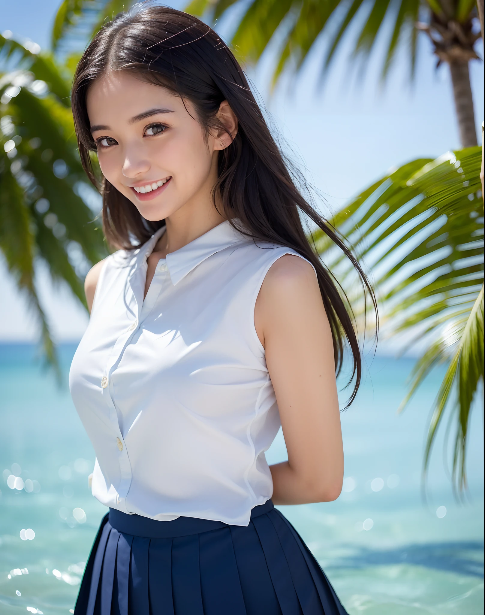 ((1 girl,The cutest face,The biggest smile staring at the camera,Shot from up close,japanese hight school uniform,Beautiful beach)),((Hibiscus Hair Ornament White Shirt,navy pleats skirt,high-school uniform,Moist eyes,Very happy smile,Transparent skin,Slim body,large full breasts,Emphasize body lines,Perfect shiny hair,perfect glossy skin,Perfect shiny hair,Beautiful smooth hair,sand beach,beautiful ocean,Recreate the perfect details of a deserted island,tropical vibe,Tropical Plants,beautiful blue sky,rays of sunshine,Palm trees,Crystal clear and sparkling sea,Complex oceans,Complex sea glow,Drawing beautiful oceans in every detail,Clean teeth,Large teeth,White teeth,Perfect fingers,perfect arms,细致背景,top-quality,The ultra -The high-definition,Perfect Anatomy,high-definition RAW color photography,professional photograpy, extremely delicate and beautiful, Extremely detailed,finely detail, Huge file size,Top image quality,8K,Award-Winning Works,masutepiece))