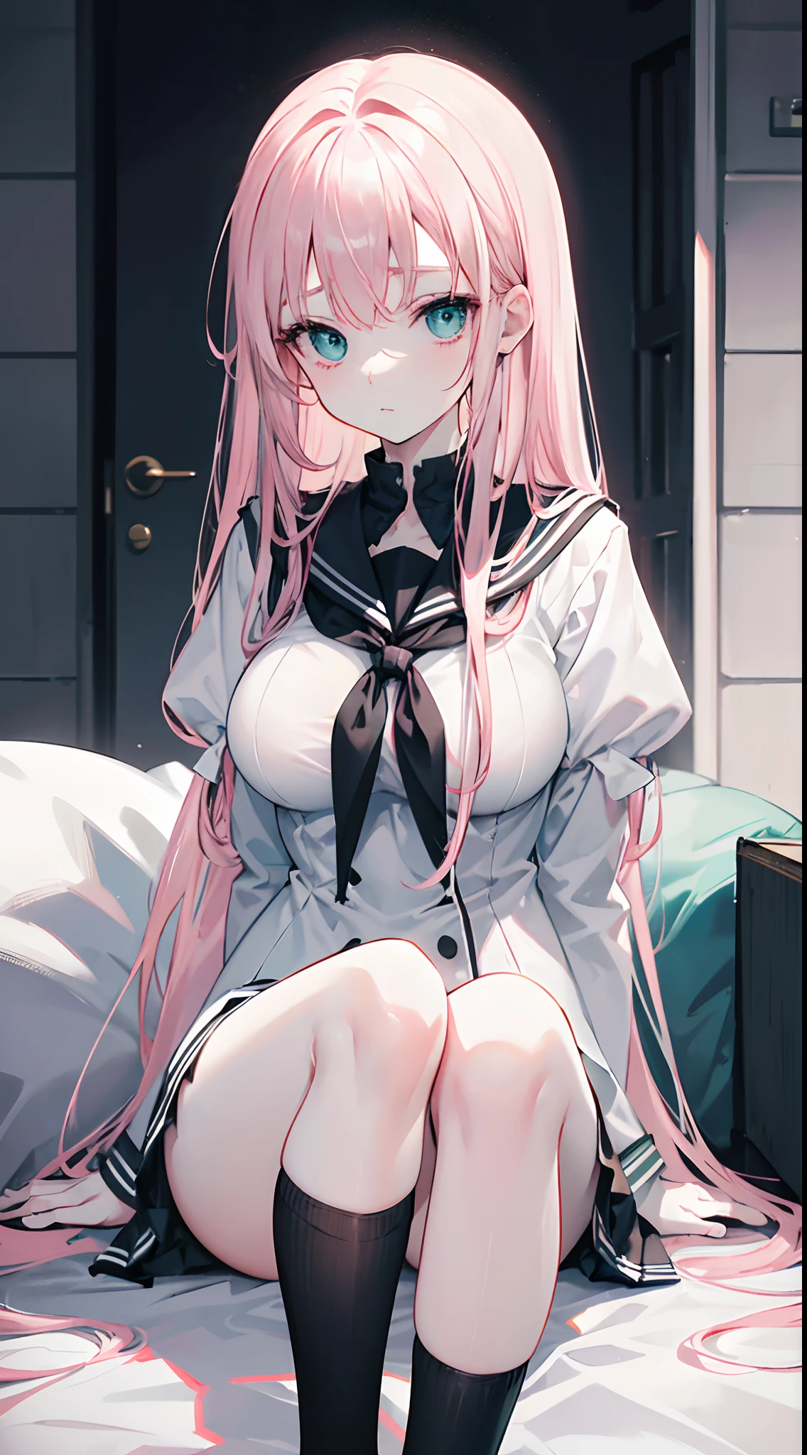 Long pale pink hair，Pale blue-green eyes，Black sailor uniform，dark circles，Sit in the infirmary，White hands，close-up on legs，A black over-the-knee sock，A pair of white socks，Big Breasts Girl，big laughter，guffaw