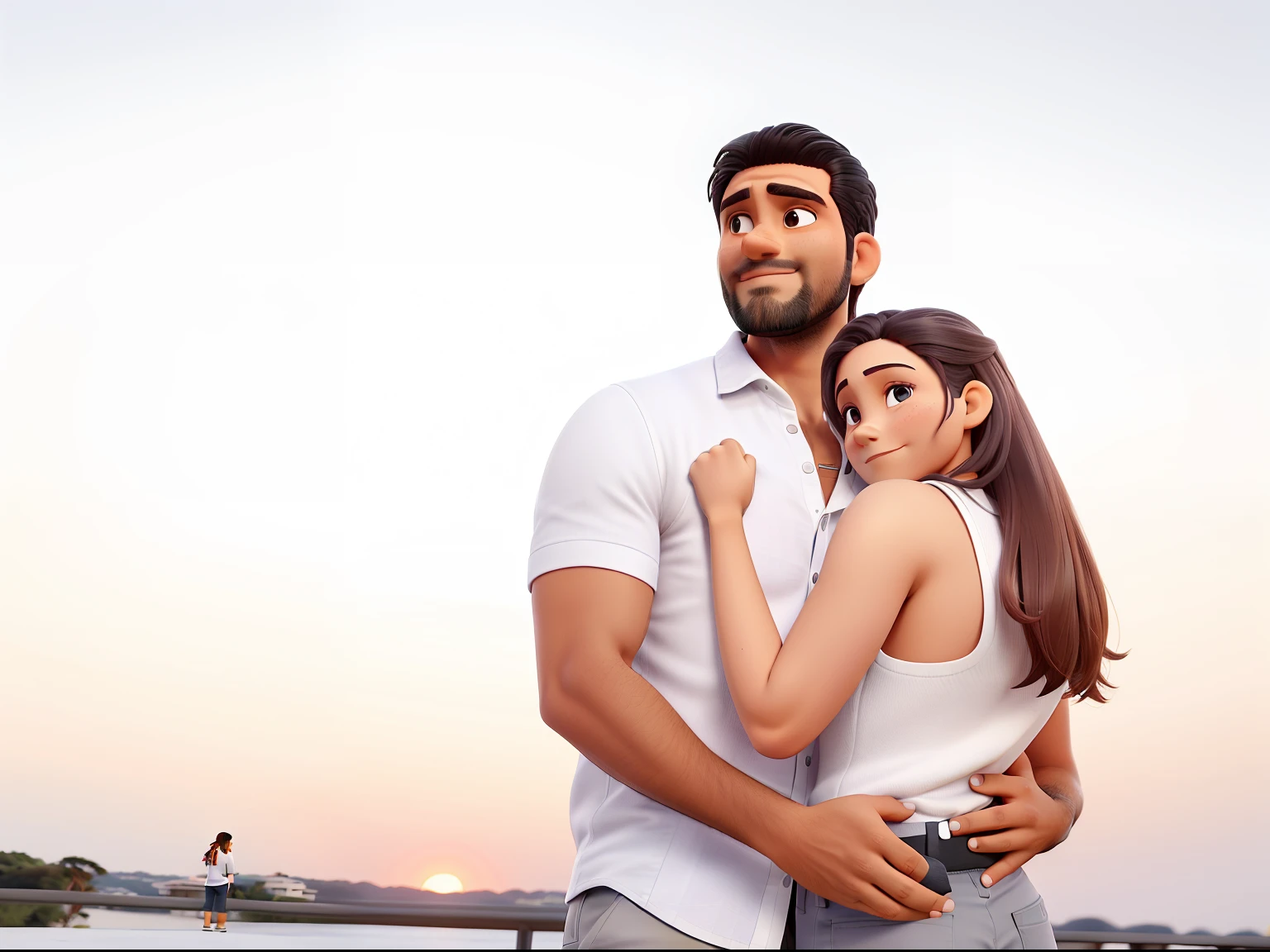 Imagem do por do sol, com um homem de 37 anos, branco, cabelos pretos, corpo atletico, White button-down shirt, com sua esposa, loira, branca, linda.