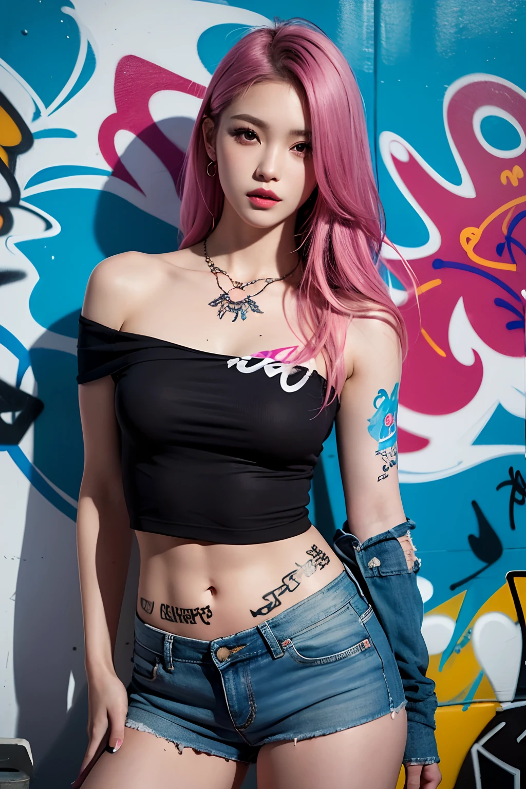 (highest image quality), (masterpiece), (vibrant, photography realistic, Realistic, Dramatic, Dark, Sharp focus, 8K), Full color drawing of korean girl hip-hop, hip-hop, hip-hop, hip-hop, miniskirt jeans, rapping (((graffiti art))), in a sea background, crazy details, intricate details, hyper details , Low Contrast, Cinematic Soft Light, Exposure Blend, HDR, Front (1girl), bare legs, bare shoulder, (colorful hair), music, white skin, sexy, luxury, model pose , (detailed face, lip, nose, rouge, eyeshadow, lipstick, gorgeous face), thigh high skirt, (all body), (all body get tattoo:1.2), pink sneaker, nice body, open legs, ((detailed face))