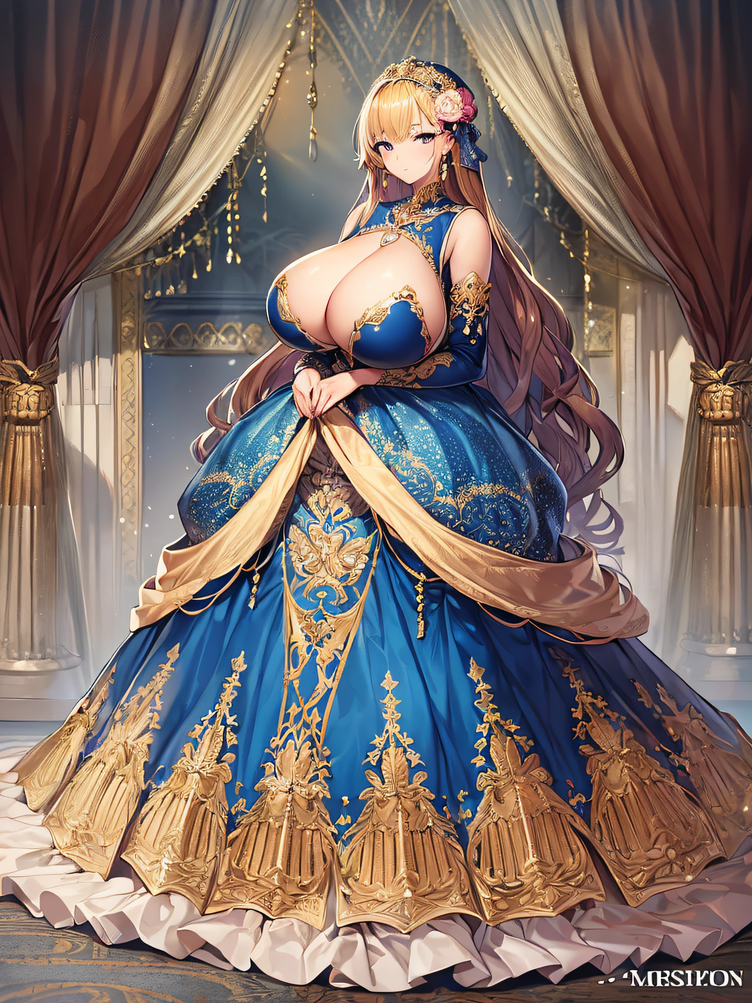 best quality, masterpiece, best definition, artwork, super detailed, many details, details, detailed, One princess, full body, full body, ((very gigantic boobs)),Very Long Straight Hair,gorgeous ball gown, super detailed gorgeous dress,gorgeous long dress,gorgeous dress with many ruffles,gorgeous dress with many bows,gorgeous dress with beautiful embroidery and jeweles, detailed gorgeous dress,gorgeous dress with bows,ruffles, perfect skin,whole body,