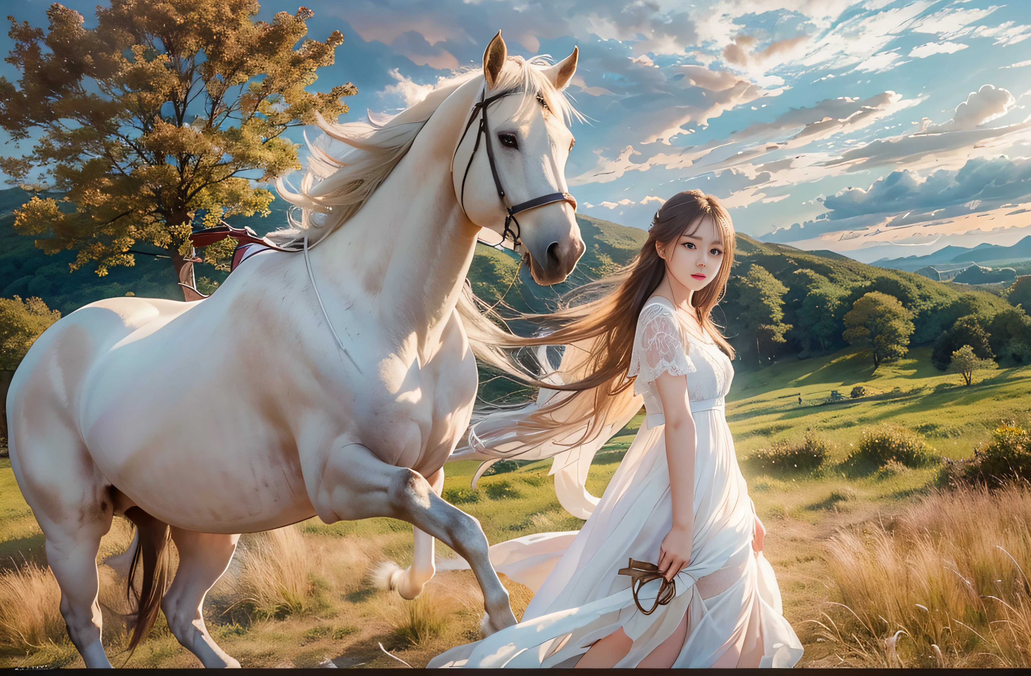 masterpiece、Best Quality、photorealisim、Textured skin、Girl on a white horse、sixteen years old、Long straight hair、bangss、Hair that flutters in the wind、White lace dress、Very short dress、Hem fluttering in the wind、Girl dancing on the prairie、Ultra Wide Shot,(Low Angle Full Body Shot:1.5)、Super Long Shot、Composition with a margin to the right、landscapes、view sky、f lare、film grains、Sunset、Fantastic、You can see the distant view、You can see the autumn clouds