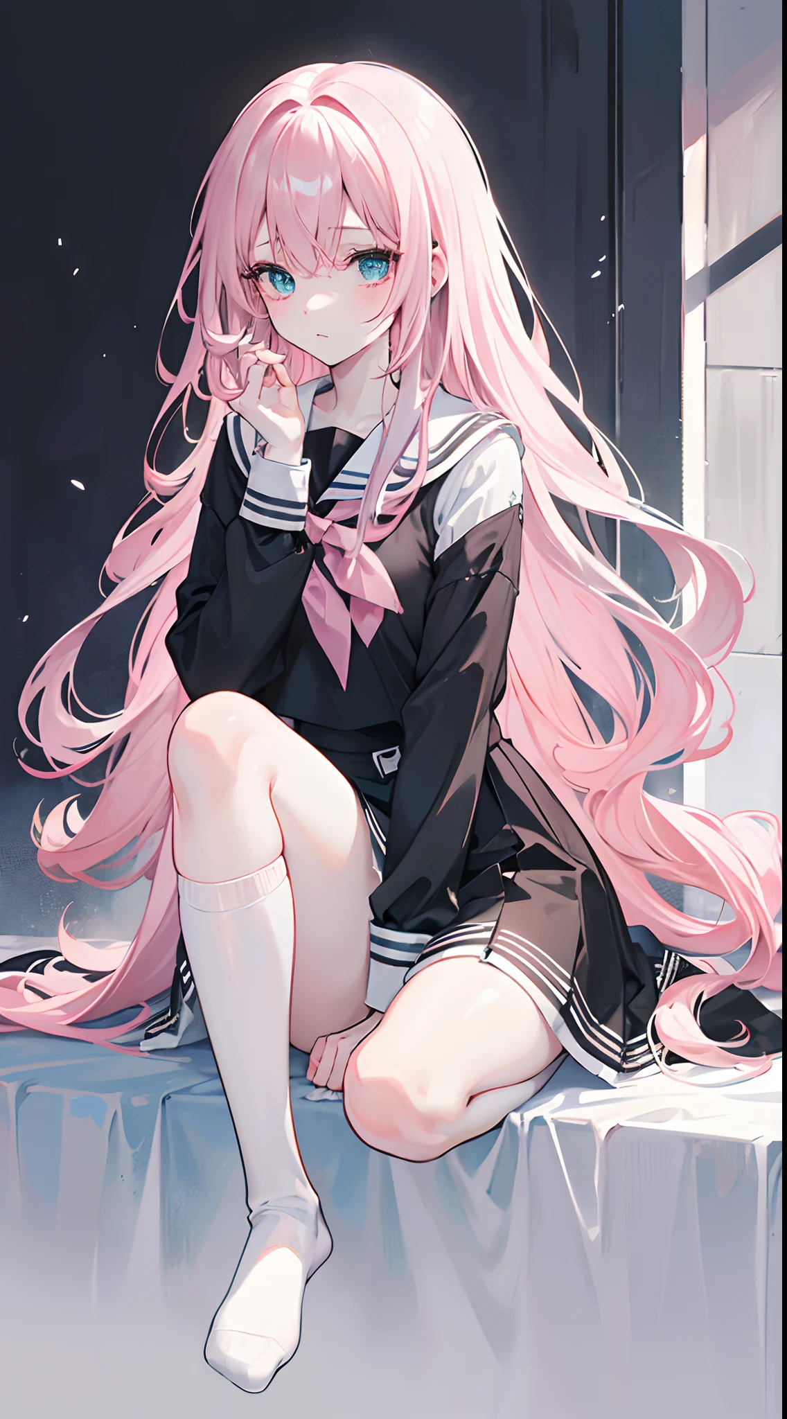 Long pale pink hair，Pale blue-green eyes，Black sailor uniform，dark circles，Sit in the infirmary，White hands，close-up on legs，A black over-the-knee sock，A pair of white socks，Medium build，girl，big laughter，guffaw