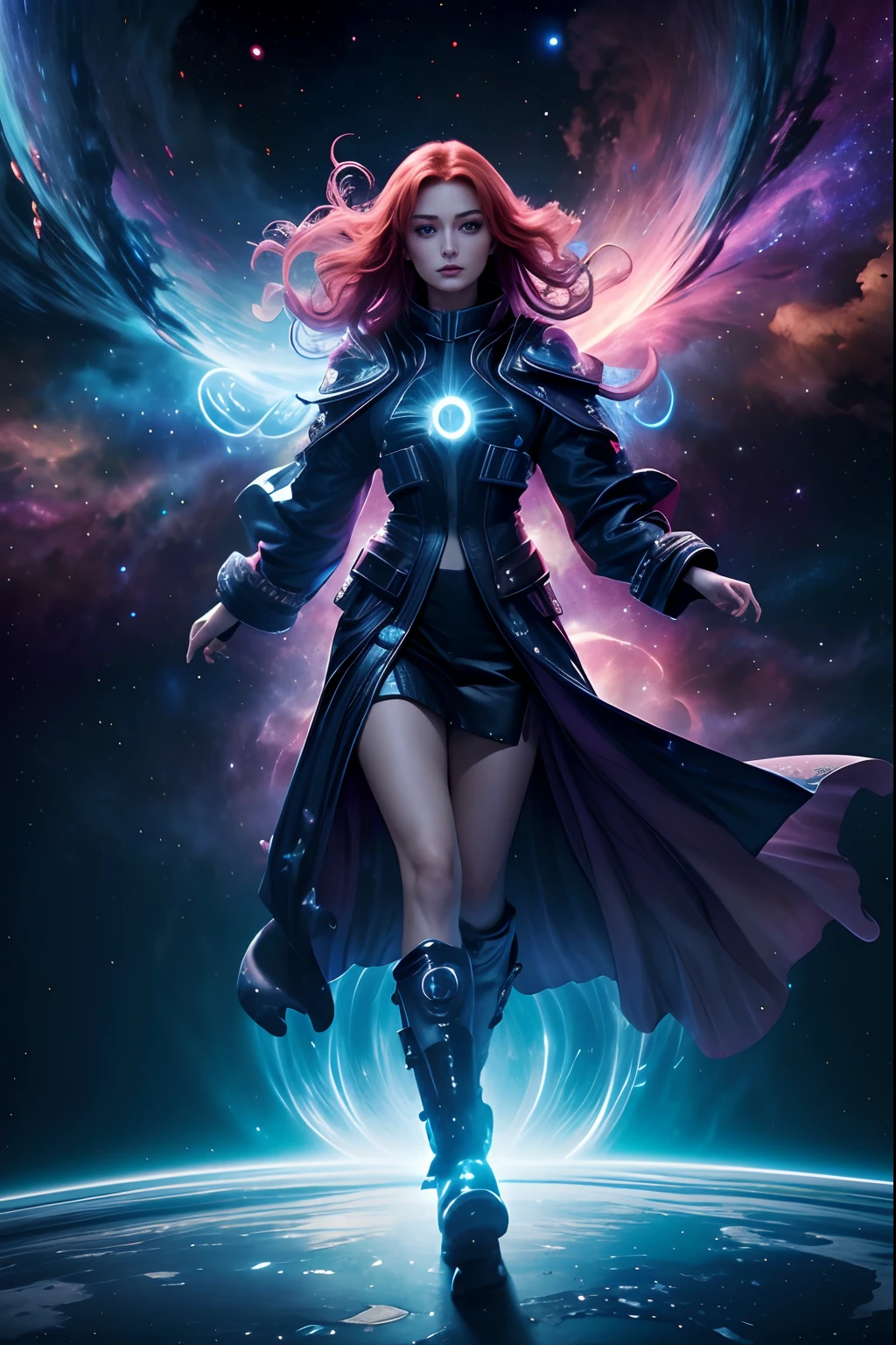 (Space fashion show), Incredibly spectacular cloud character Sophie Turner（sophie turner）A scene wandering through the clouds of the universe, Fractal Nebula Chain, cosmic, Celestial, cosmic, A vibrant and vivid entity, whirly, Spinning, unreal, High contrast, Symbolism, magical, mistic, mistic, Hyper-realistic, Supersaturation, Colorful, 8K