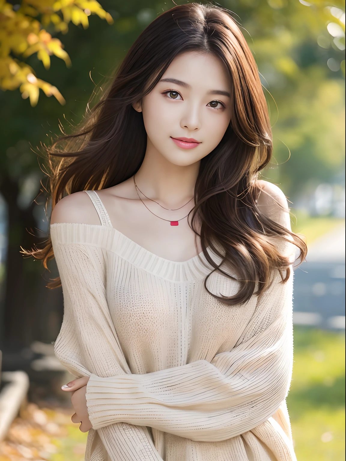 best qualtiy,超A high resolution,RAW photogr,1girl in,Loose perm hair、Dark brown hair、japanes、Loose perm hair、smil、professional photograpy、Same skin type as humans、Female proofreading of Japan from head to foot、Blur the background、Draws faithfully to anatomy、Very detailed and beautiful、Ultra-high image quality、Hair swaying and sexy、Very detailed beautiful girl、Hair to the shoulders、Sweaters、耳环、a necklace、Park on a sunny day、