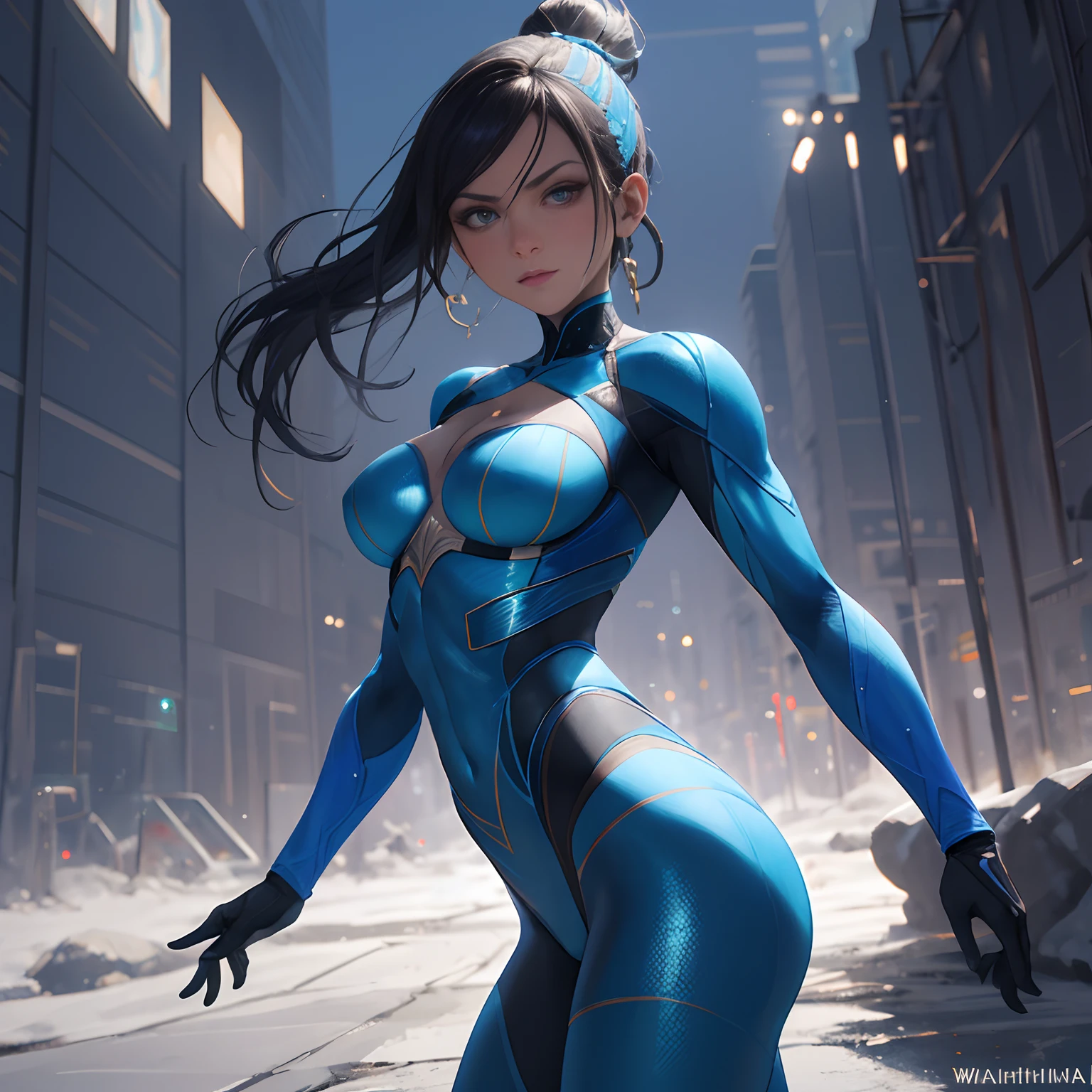 Breathtaking photo in tight suit with Kitana steel fans, Perfect Action Composition, pintura hiper detalhada, complexo, Arte 32k por DamShelma, WLOP, Kombat mortal, dramatic lighting, Arte intrincadamente detalhada, cores triádicas Unreal Engine 5, Arte colorida profunda, circunstanciado
