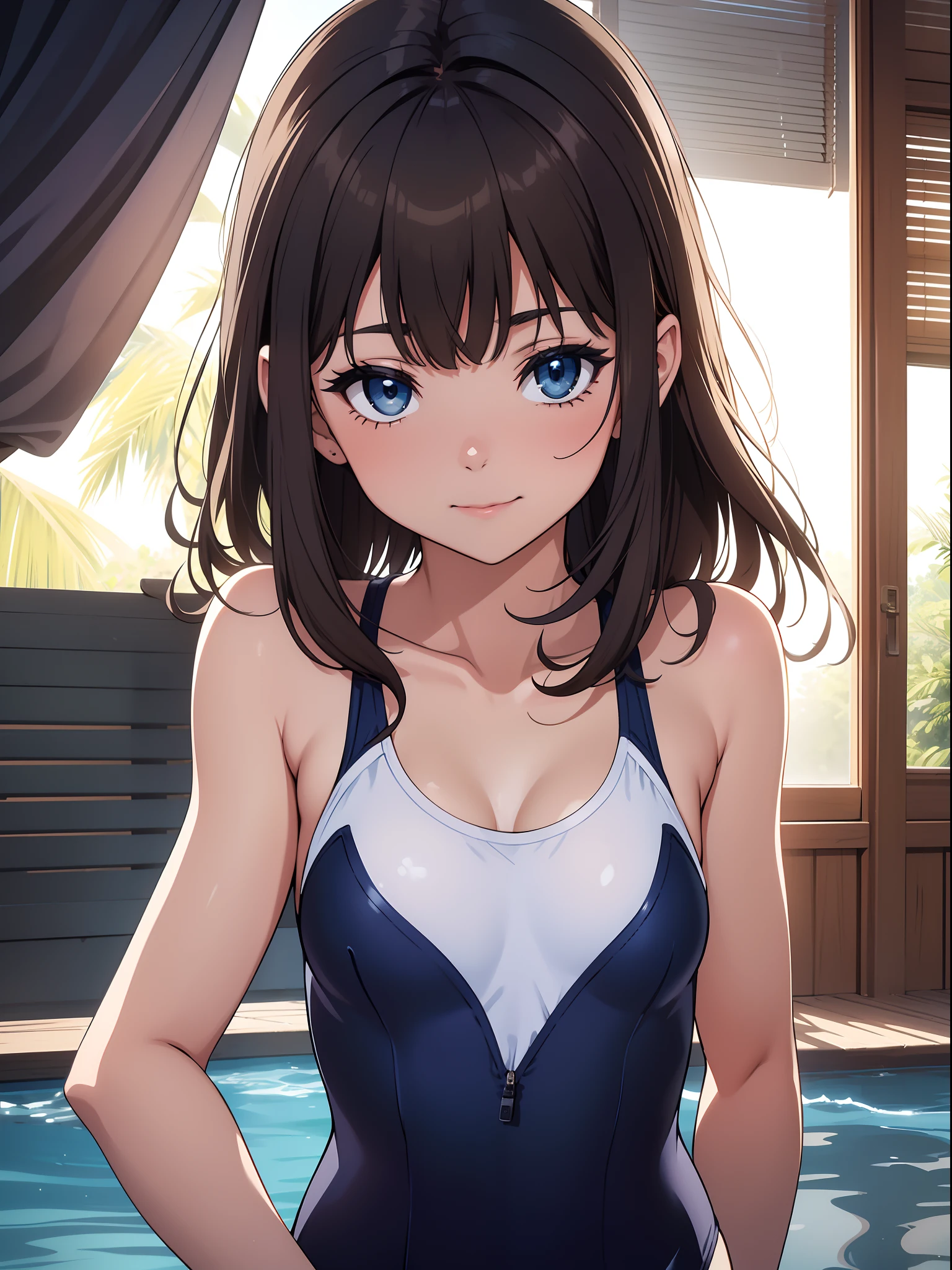 Official art、Top quality ultra-detailed CG art、Navy blue swimsuit:1.2)、Brown hairs、lively girl、white t-shirts、Transcendent Cute、kirakira、ssmile、Hide and seek