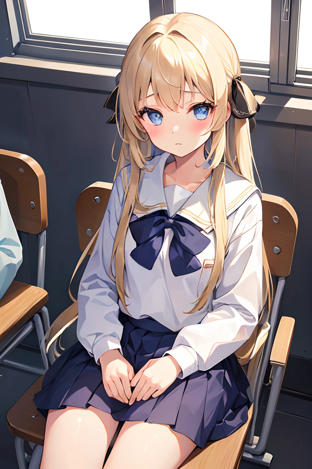 1girl, young girl, ivory hair, long hair, bangs, wearing a school uniform, a bored face, in the class room, hair ribbon