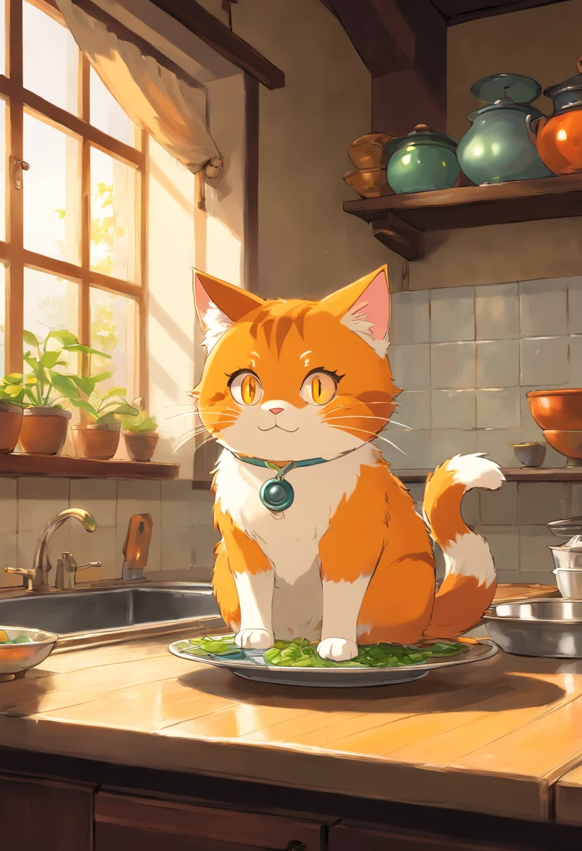 Un lindo gato naranja de ojos saltones, con un plato de leche, en la cocina , Luz solar fuera de la ventana.