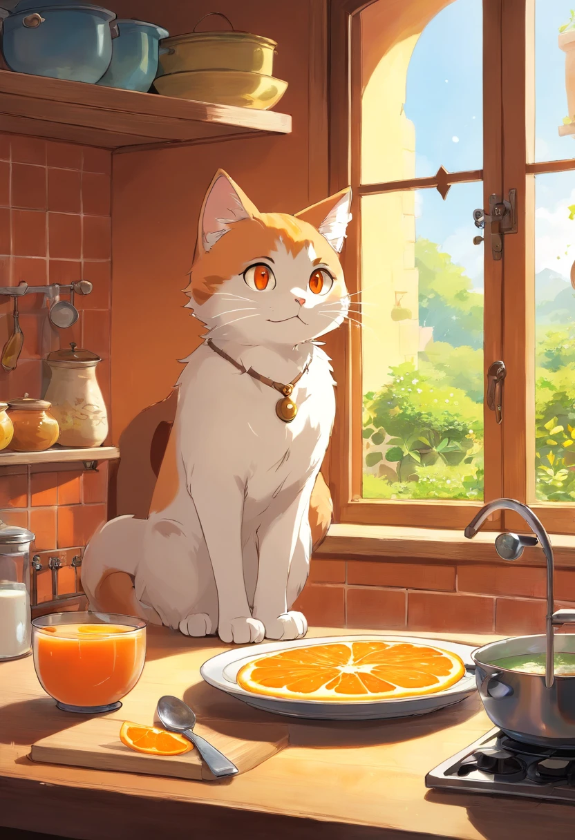 Un lindo gato naranja de ojos saltones, con un plato de leche, en la cocina , Luz solar fuera de la ventana.