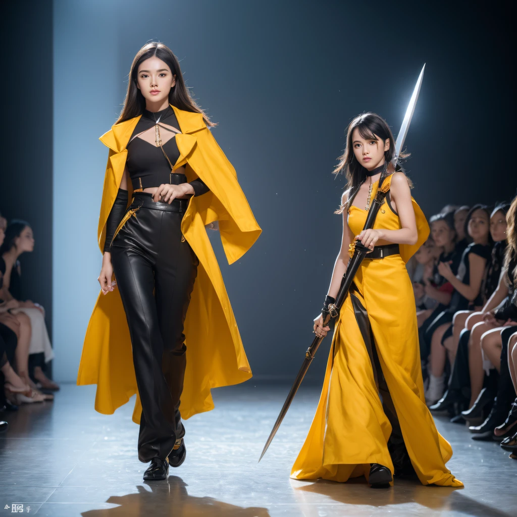 3D model of fashion show,Fashion show cupcakes, Weapons fashion show, The sword, halter, holdingweapon, 32K fashion show, Linen cloak, Top quality, Masterpiece:Faust,Fashion model,stage, long whitr hair, clouds, On your stomach, (tmasterpiece,k hd,hyper HD,16k),clutching a sword, buliding, Reflectors, bloods, Eastern Asia, Weapon focus, Skysky, Fashion show brunette, knifes, trouser, firey, banya, The clothes ar, bandagens, sword sheath,Fashion show masks, 独奏(((1girl)))
