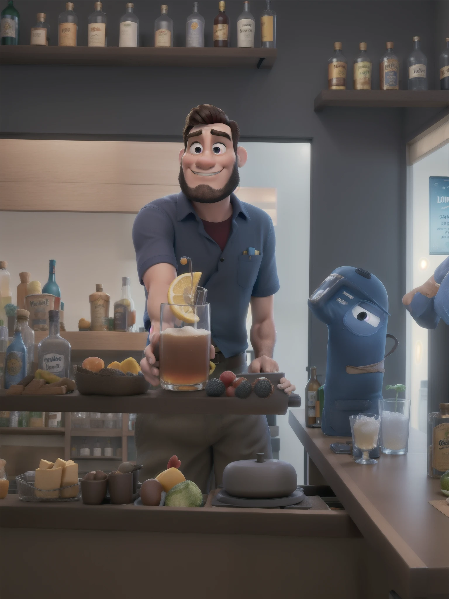 um homem estilo Disney pixar, Bartender, Alta qualidade, melhor qualidade