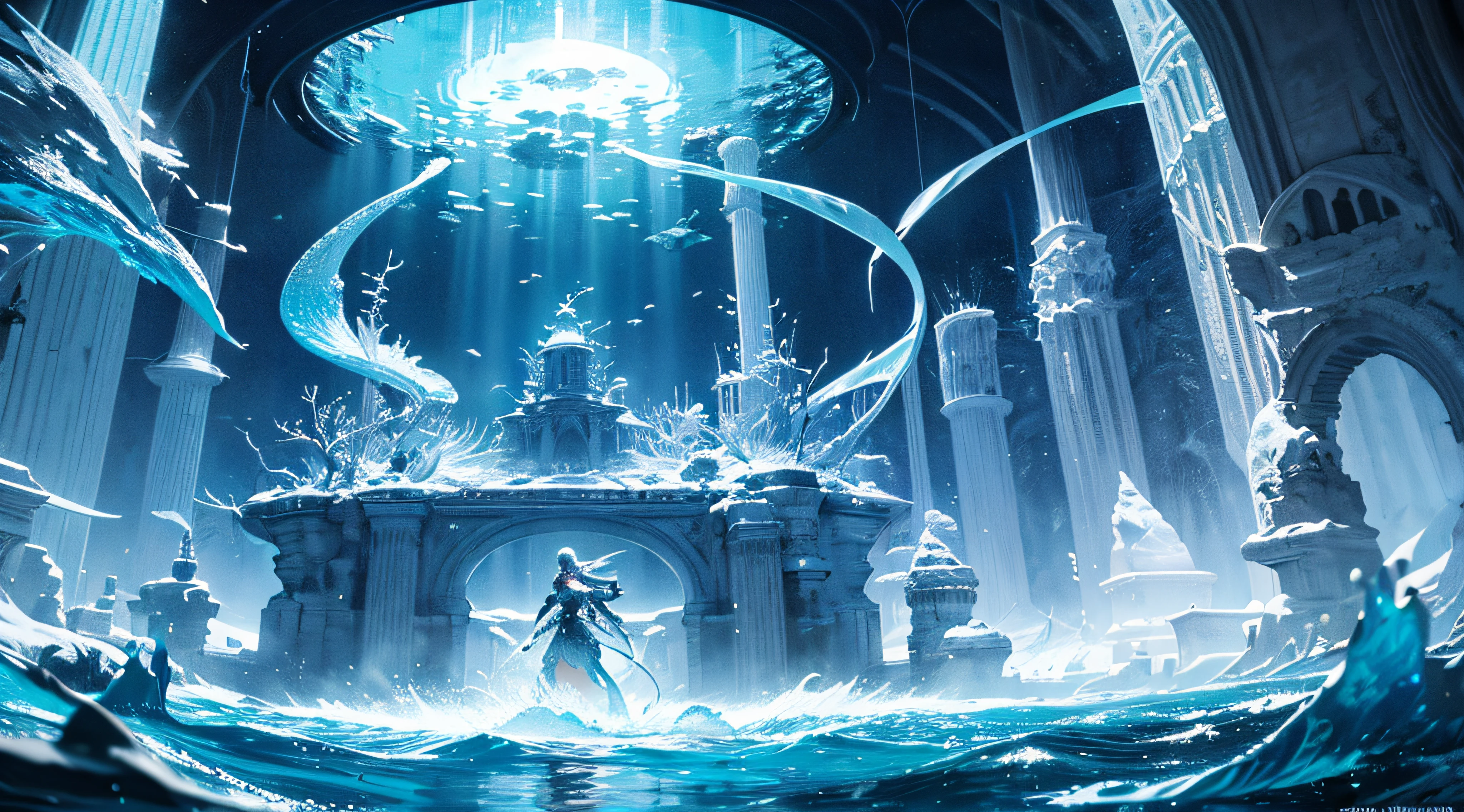 In the underwater world，Sink the forgotten ancient capital,The surface of the water is illuminated by endless snow and ice,bubble,Sea Dragon,water flowing,The sea shines,Sparkling,Very detailed，Perfect stills，The power of shock is majestic,Magnificent,high-definition photograph，8K