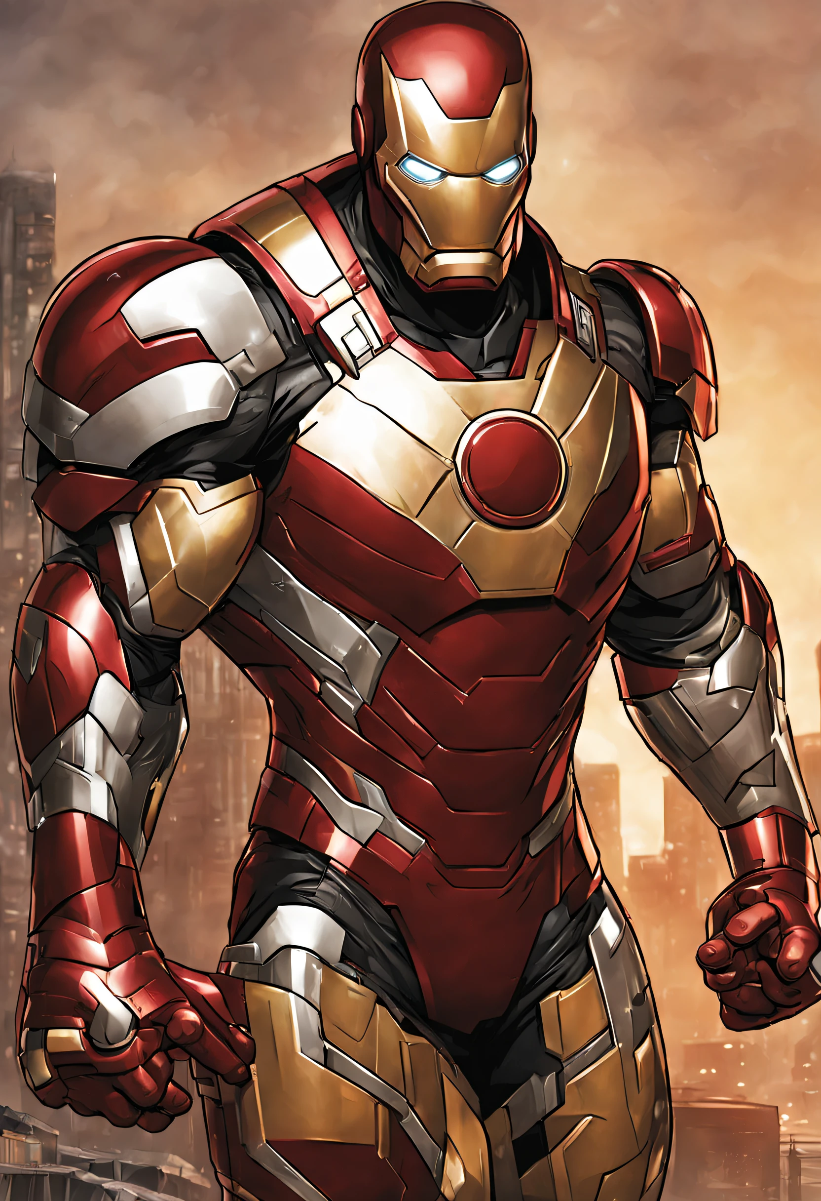 personagem home de ferro da marvel, se preparando para que sua armadura seja colocada em seu corpo