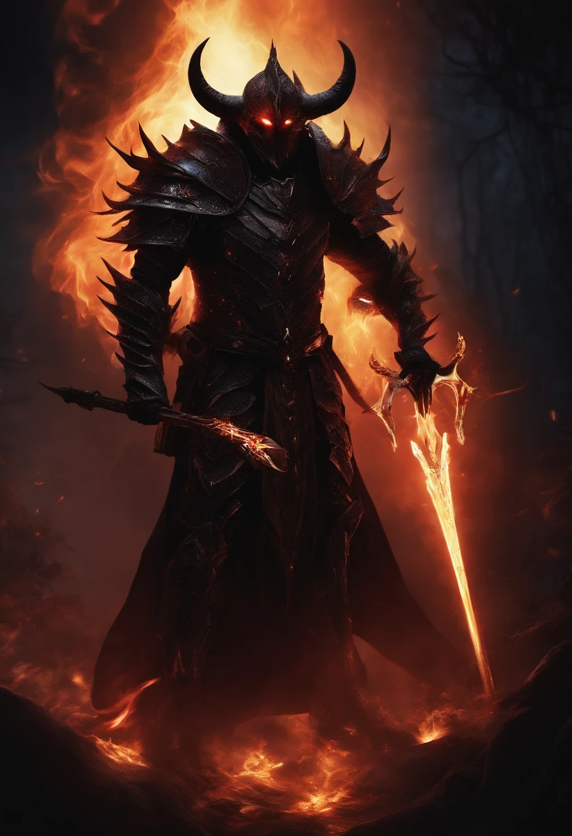 A demon in black armor, Holding a spear in his hand，Black flame，glowing light eyes, eerie, Creepy, nightmarish, Very bright colors, Light particles, with light glowing, Mshiv, wallpaper art, UHD wallpaper