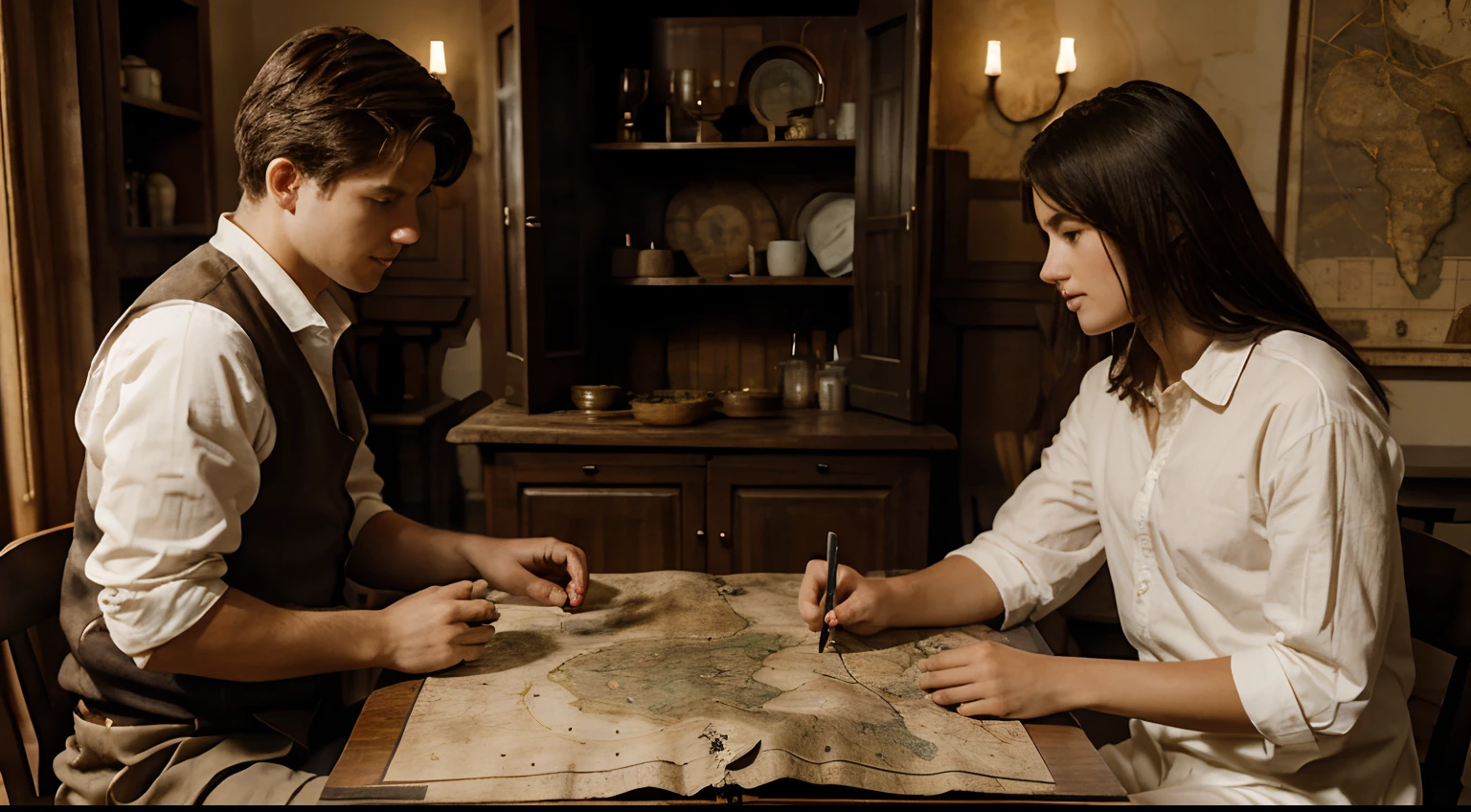 Girl sitting, a table, Ancient Map on the Table, Two men are standing around the table