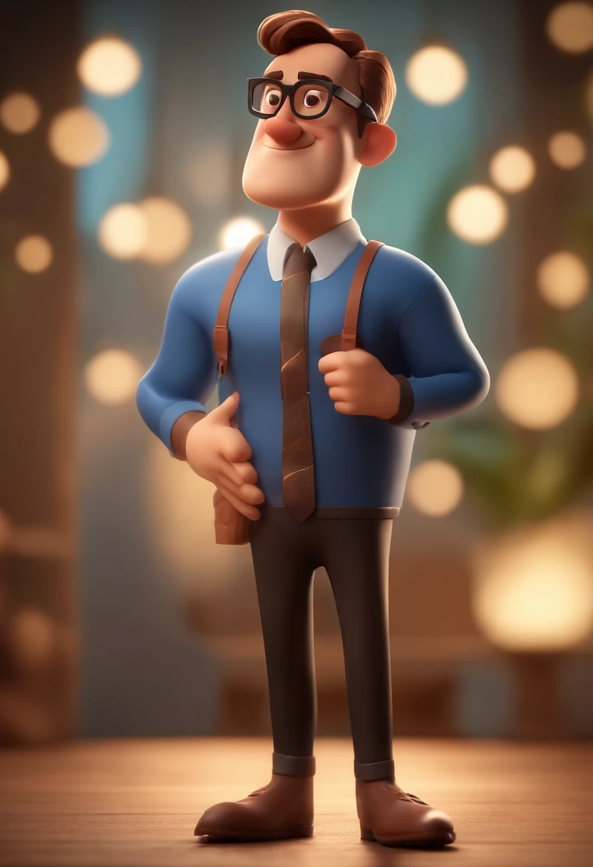 Cartoon character of a man wearing black glasses and a blue shirt, um personagem animado, Caractere estilizado, animation style rendering, 3D estilizado, Arnold Maya render, 3 d render stylized, toon render keyshot, Personagem 3D, Personagem 3D, 3d rendering stylized, 3 d character render, personagem de desenho animado, Personagem de close up, Pose de personagem, (Estilo Pixar) (master part:1.2) (Bokeh) (best quality) (pele detalhada) (textura detalhada) (8k) (argila) (Cinematic lighting) (foco nítido,Senta e vaza a parte superior do corpo