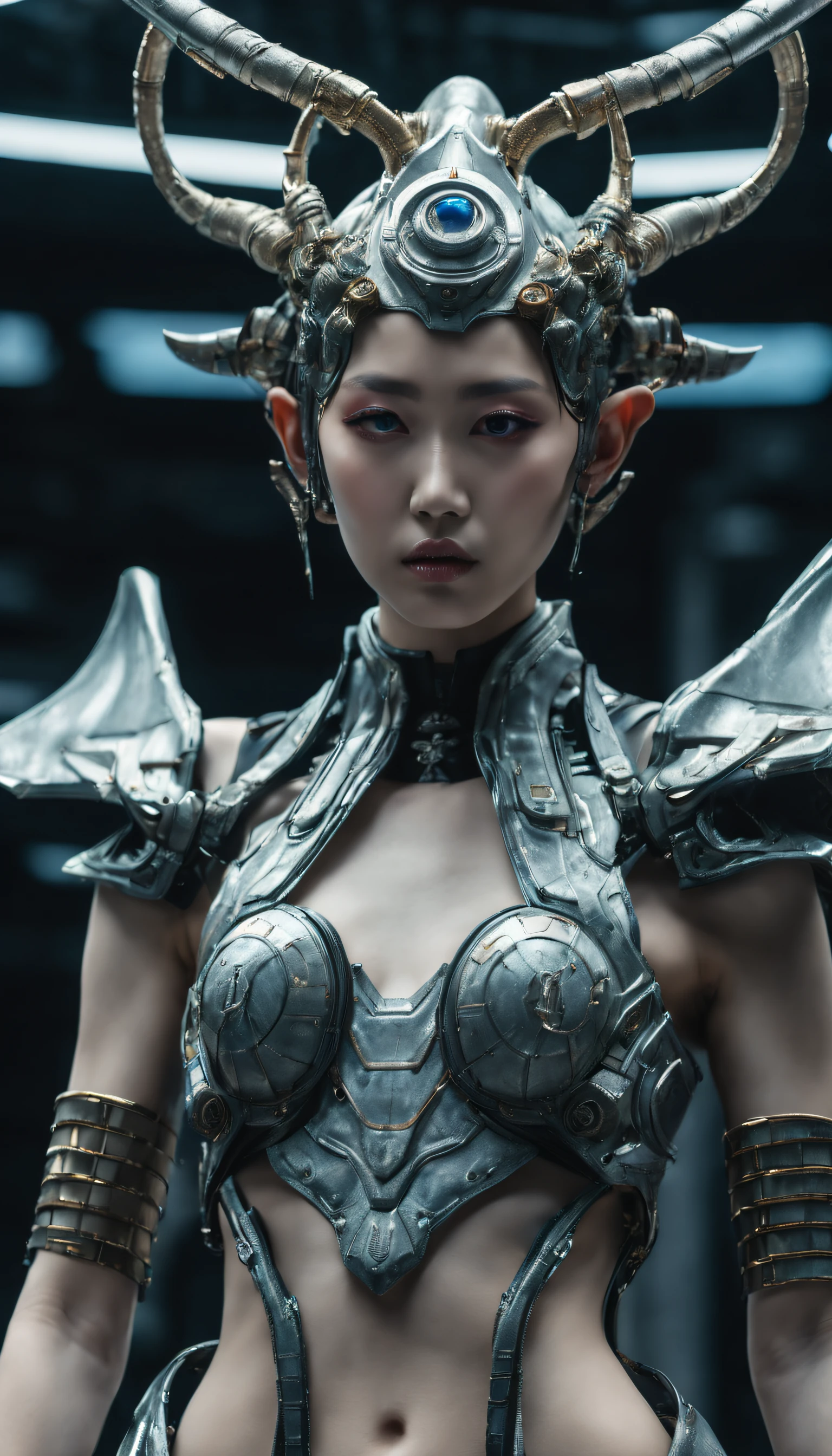 A fashion runway for alien technology , Cyberpunk fashion photography , Inspired by Chinese Xianxia and dark gothic,The fallen god of Greek mythology,(Best quality,4K,8K,A high resolution,Masterpiece:1.2), (Realistic,Photorealistic,photo-realistic:1.37).