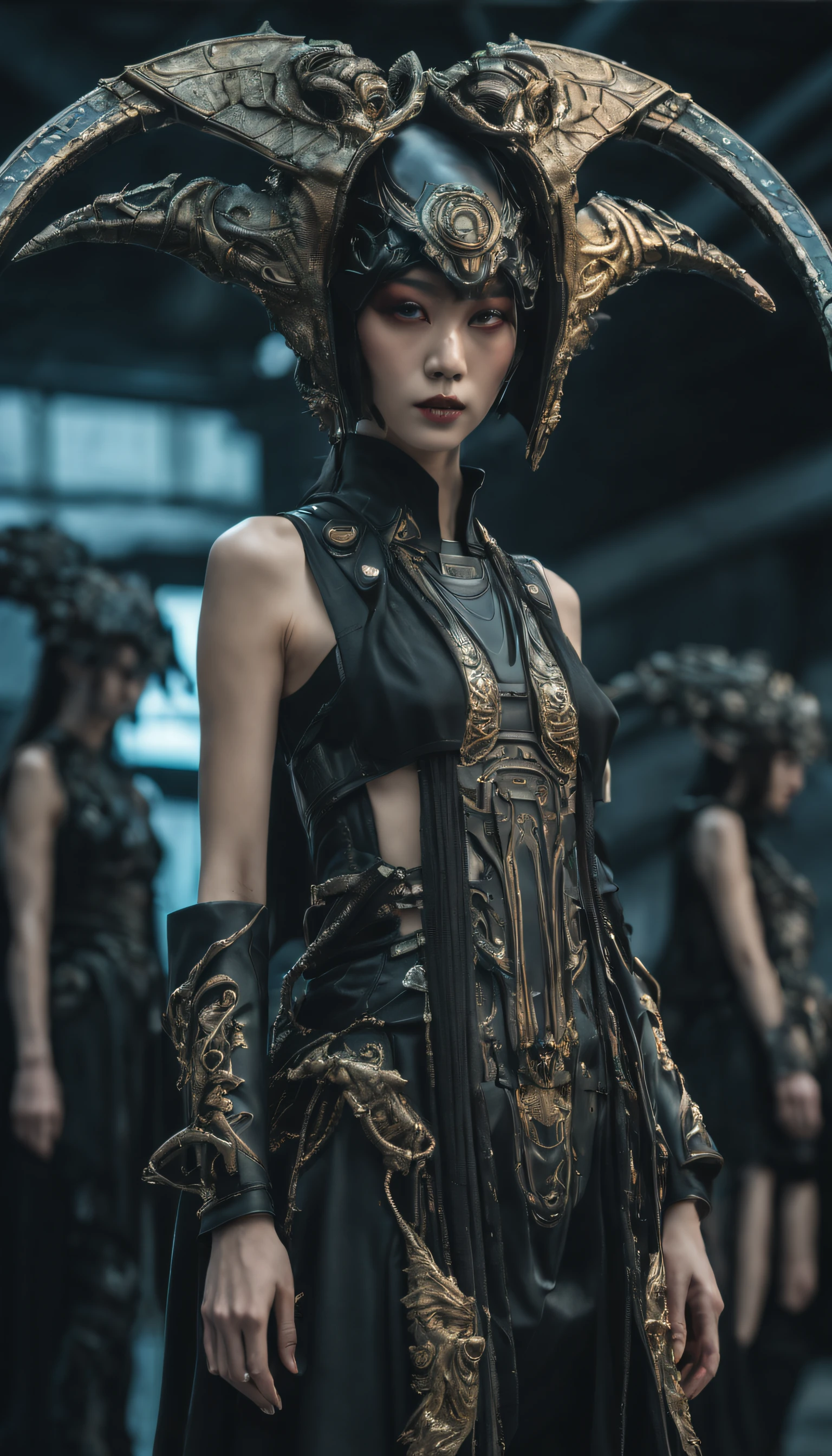 A fashion runway for alien technology , Cyberpunk fashion photography , Inspired by Chinese Xianxia and dark gothic，The fallen god of Greek mythology，(Best quality,4K,8K,A high resolution,Masterpiece:1.2), (Realistic,Photorealistic,photo-realistic:1.37).