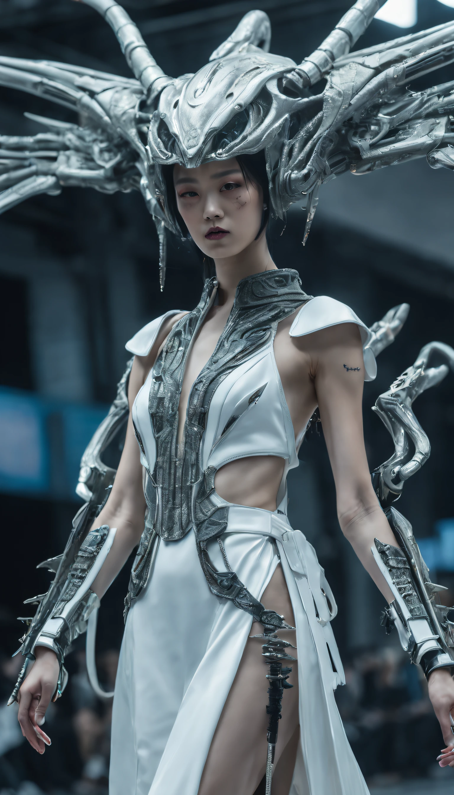 A fashion runway for alien technology , Cyberpunk fashion photography , Inspired by Chinese Xianxia and dark gothic，The fallen gods of Greek mythology，(Best quality,4K,8K,A high resolution,Masterpiece:1.2), (Realistic,Photorealistic,photo-realistic:1.37).