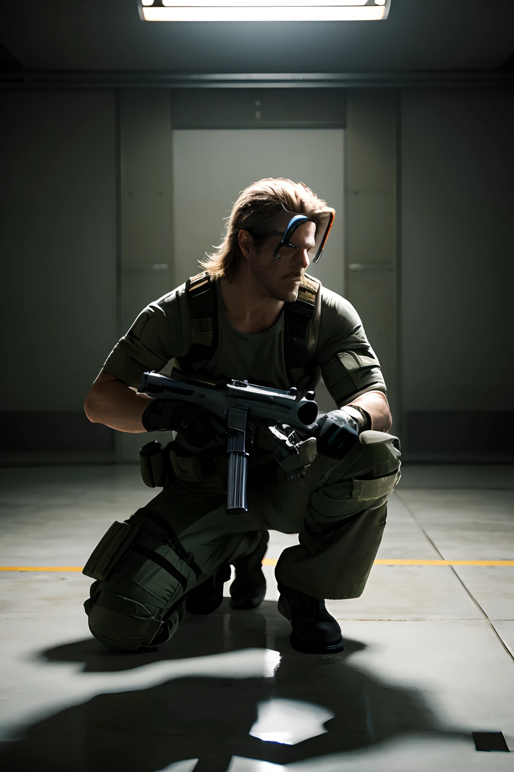 metal gear solid、Solid Snake、Holding a gun、masterpiece、top-quality、4K、profetional lighting、squatting、Holding a handgun、face perfect、Angle from below