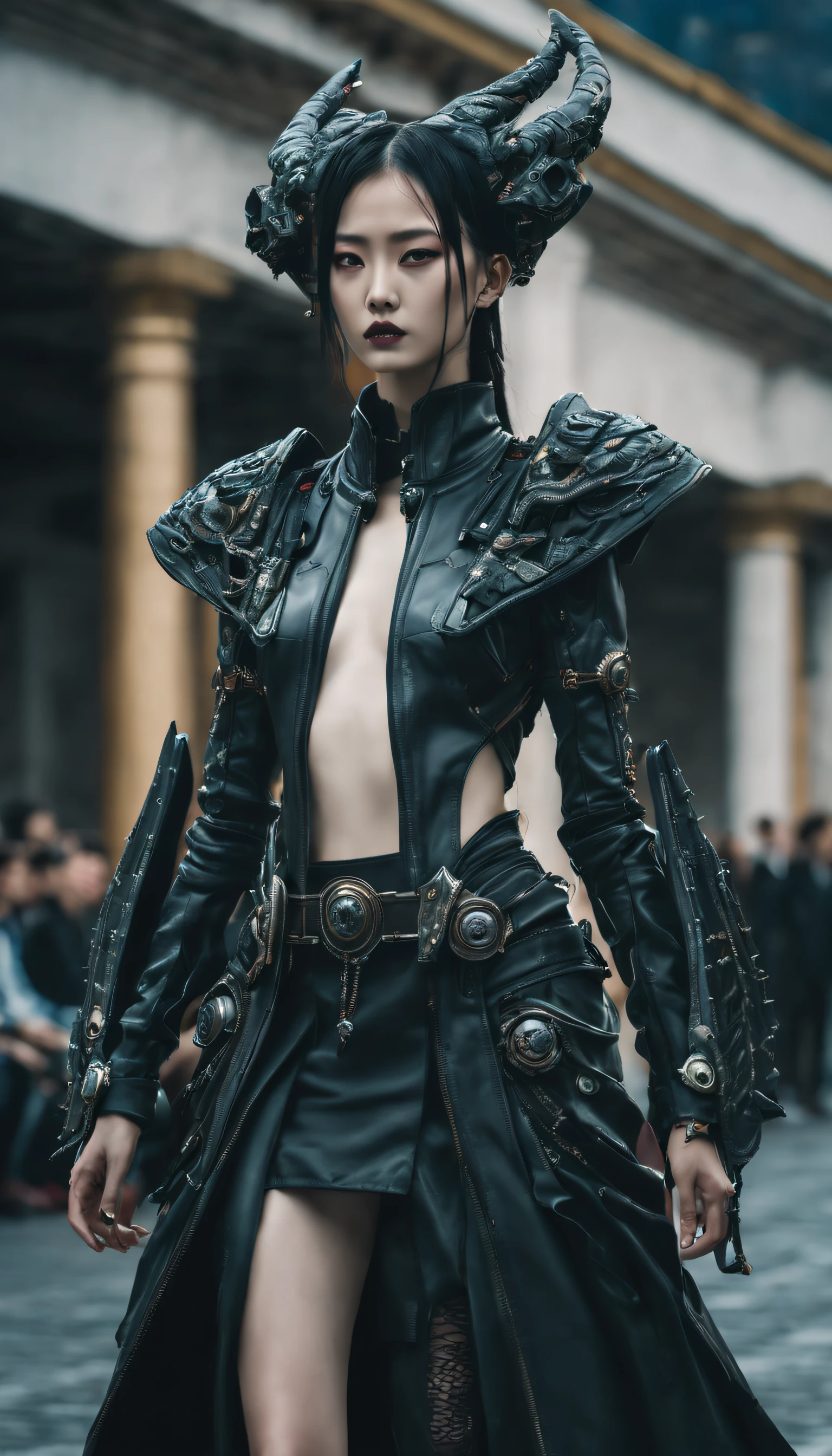 A fashion runway for alien technology , Cyberpunk fashion photography , Inspired by Chinese Xianxia and dark gothic，The fallen gods of Greek mythology，(Best quality,4K,8K,A high resolution,Masterpiece:1.2), (Realistic,Photorealistic,photo-realistic:1.37).