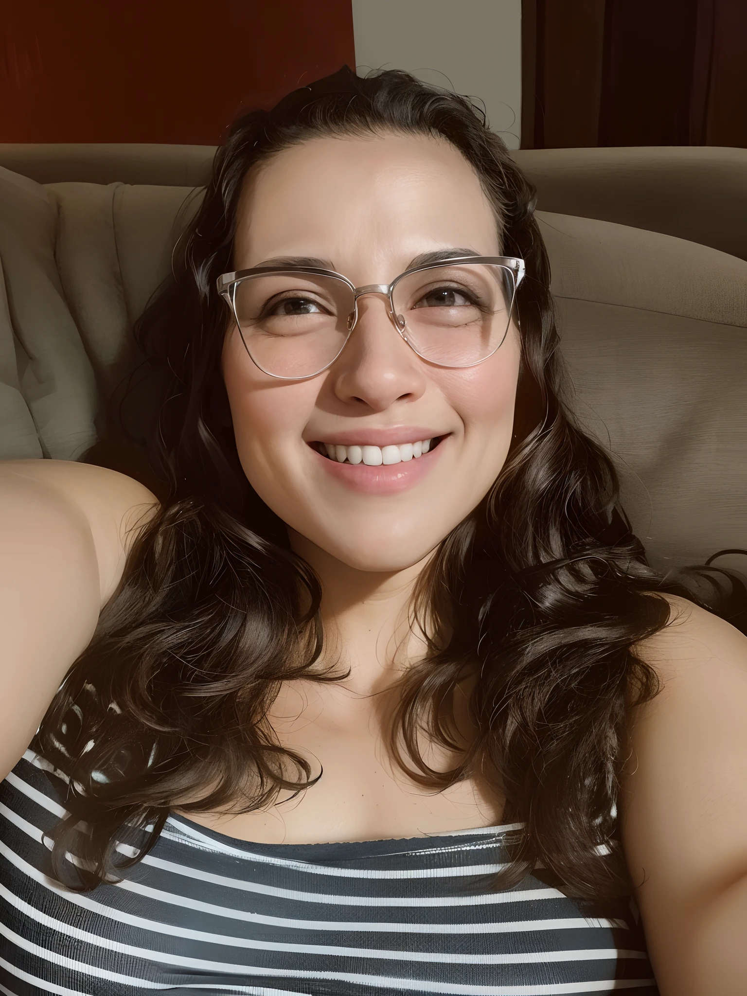 Smiling woman with disney style glasses and striped top, 3 0 anos de idade mulher, Mulher de 30 anos, leve sorriso nerd, cerca de 3 5 anos, 3 2 anos, 2 9 anos, 2 8 anos, selfie de uma jovem mulher, 3 6 anos, 38 anos, professora