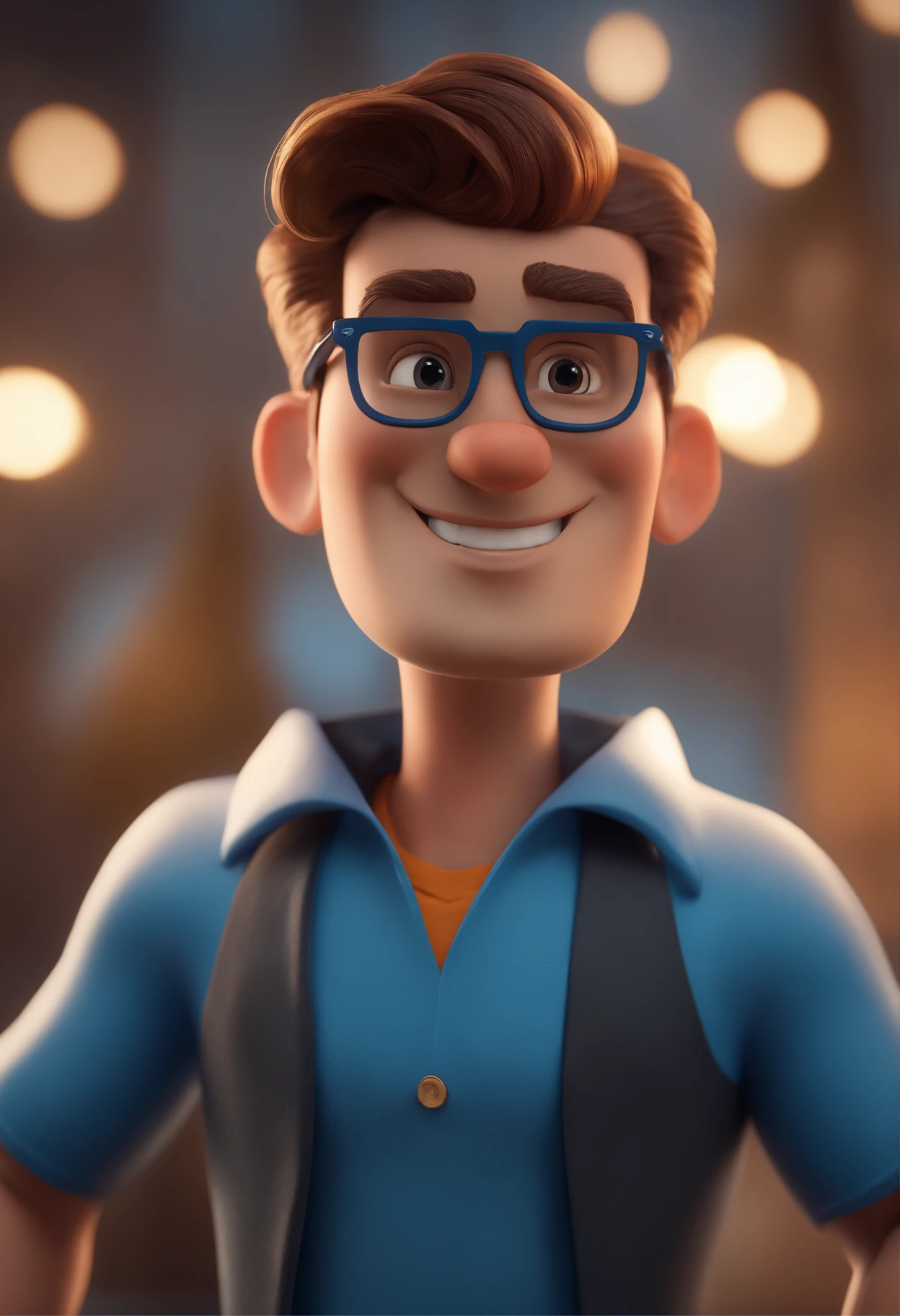 Cartoon character of a man with black glasses and a blue shirt, animation character, Caractere estilizado, animation style rendering, 3D estilizado, Arnold Maya render, 3 d render stylized, toon render keyshot, Personagem 3D, Personagem 3D, 3d rendering stylized, 3 d character render, personagem de desenho animado, Personagem de close up, Pose de personagem, (Estilo Pixar) (master part:1.2) (Bokeh) (best quality) (pele detalhada) (textura detalhada) (8k) (argila) (Cinematic lighting) (foco nítido