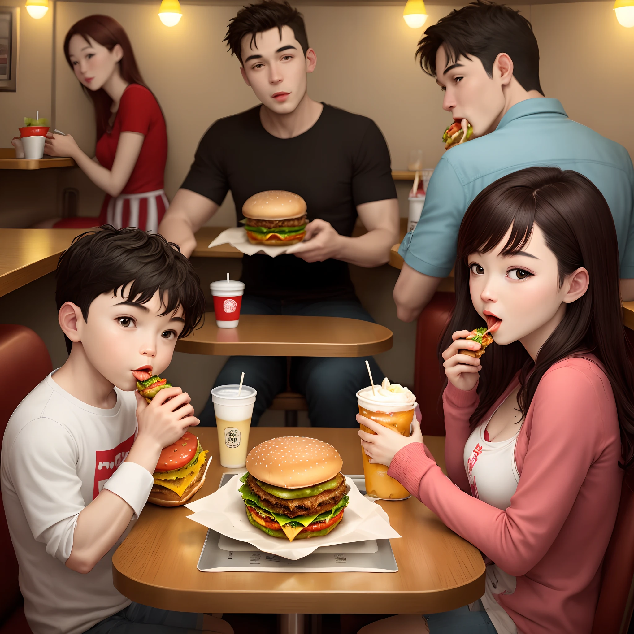 Family eating hamburger in diner called jack burger