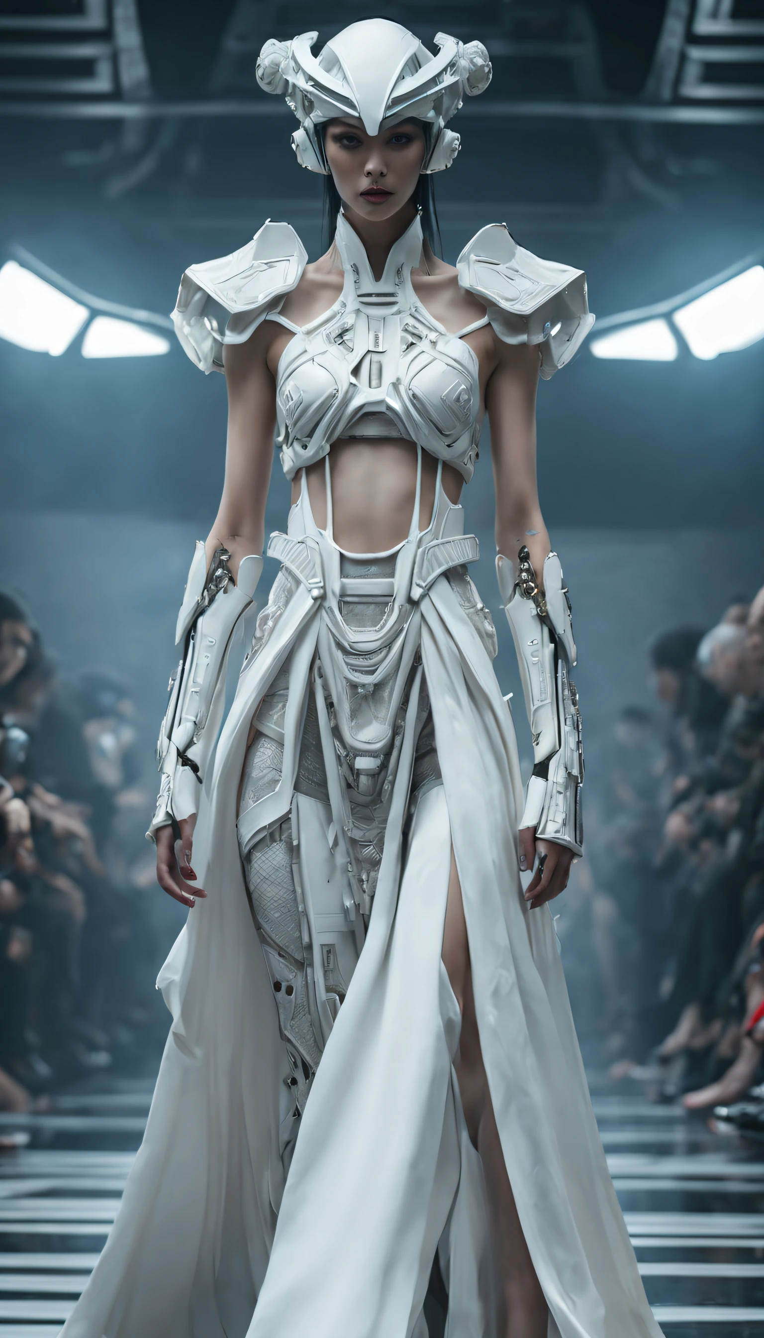 A fashion runway for alien technology , Cyberpunk fashion photography , Inspired by Chinese Xianxia and dark gothic，The fallen gods of Greek mythology，(Best quality,4K,8K,A high resolution,Masterpiece:1.2), (Realistic,Photorealistic,photo-realistic:1.37).