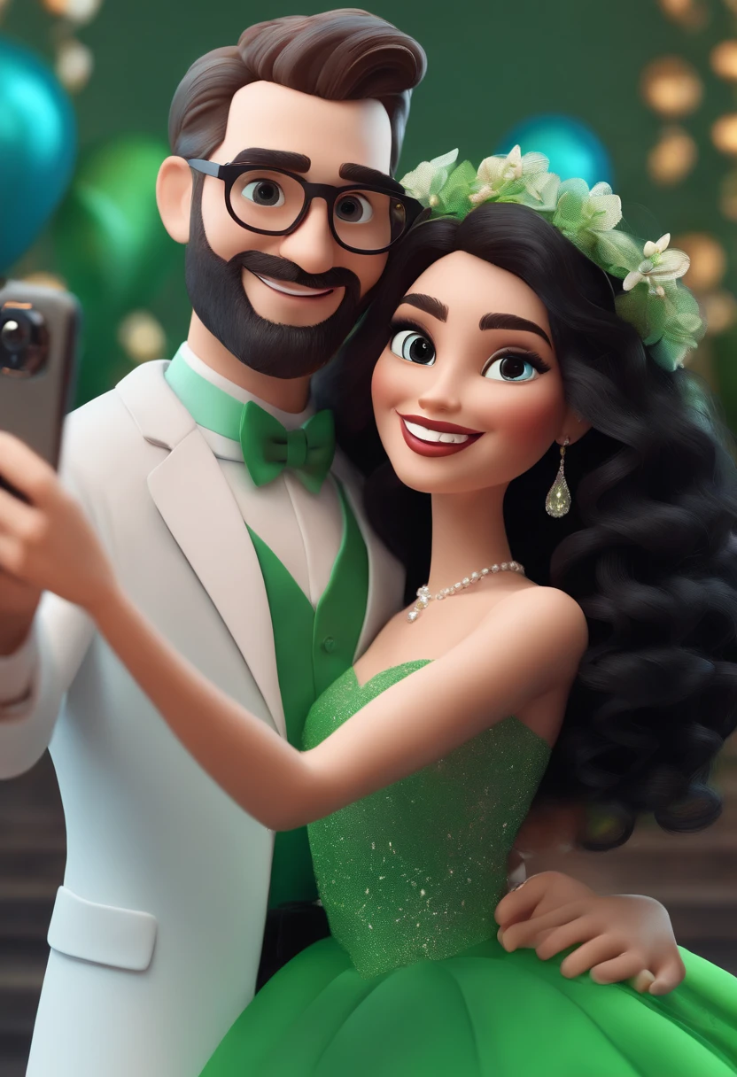 3d pixar style wedding couple white, man with short beard and transparent glasses, woman with white wedding dress, long black hair, a woman in front with a green dress and curly hair taking a selfie